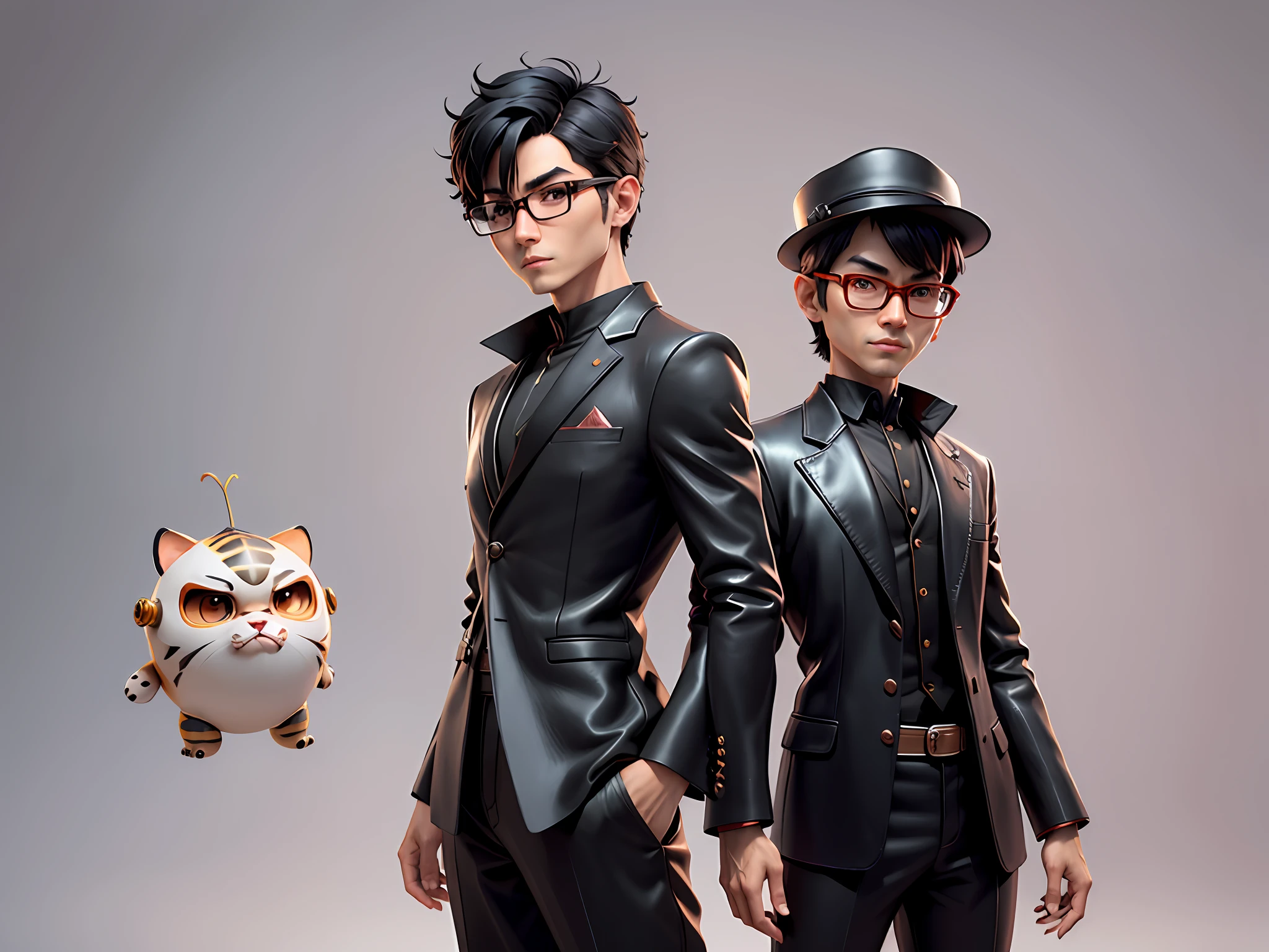Young man with oriental face in leather hat, tiger, oriental face in formal suit, short black hair, silver glasses, digital painting, 3D character design by Mark Clairedon and Pixar and Hayao Miyazaki and Akira Toriyama, the illustration is a high-definition illustration in 4K resolution with very detailed facial features and cartoon-style visuals.