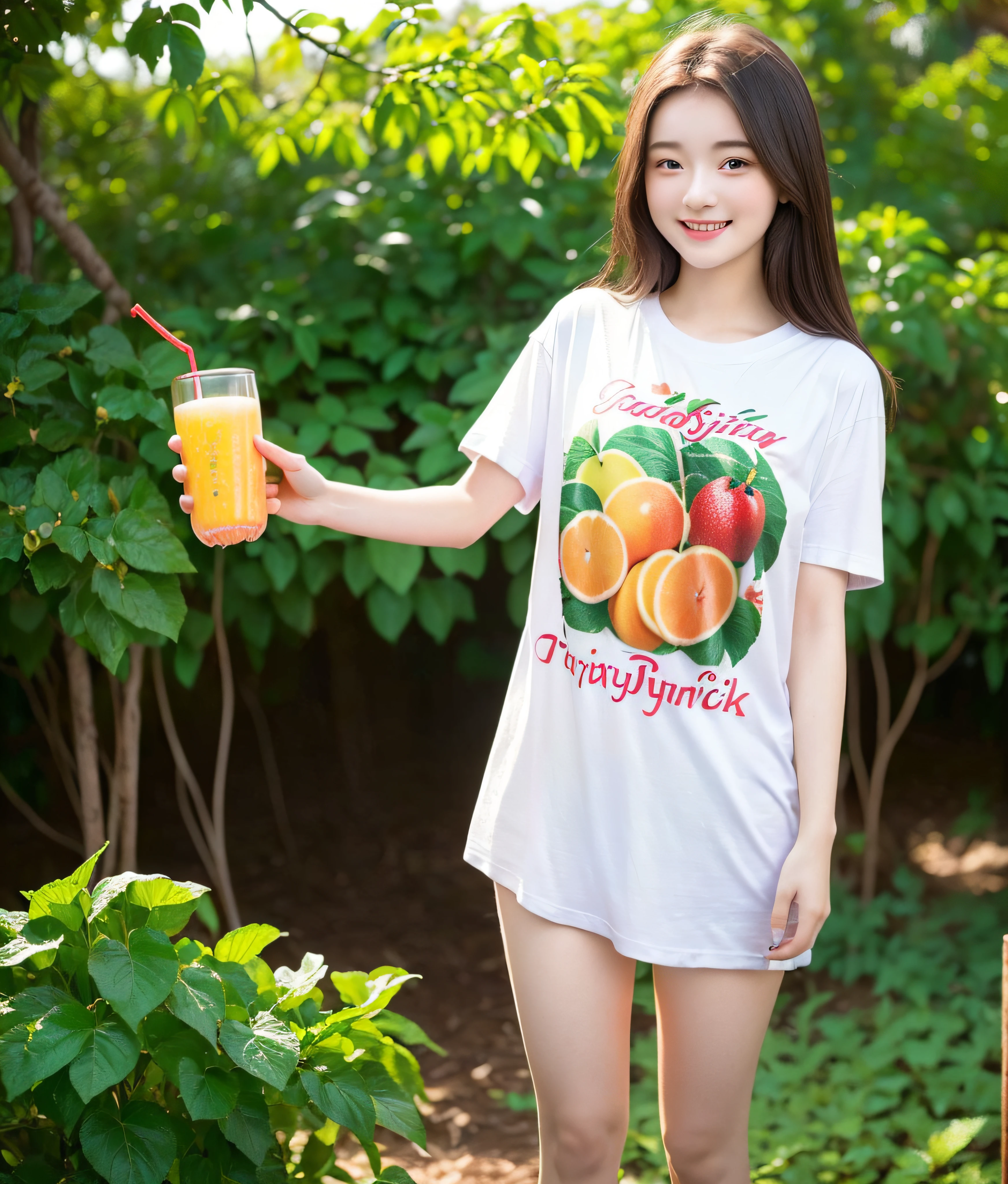 (Realistic:1.2), 18yo Girl, (((1 girl only))), garden park, (Happy expression, Standing: 1.2), hair ornaments, pale skin, looking at the viewer, small waist, medium breast size, (((use beautiful T-shirt)), (((show the fruit  juice product at a hand)))