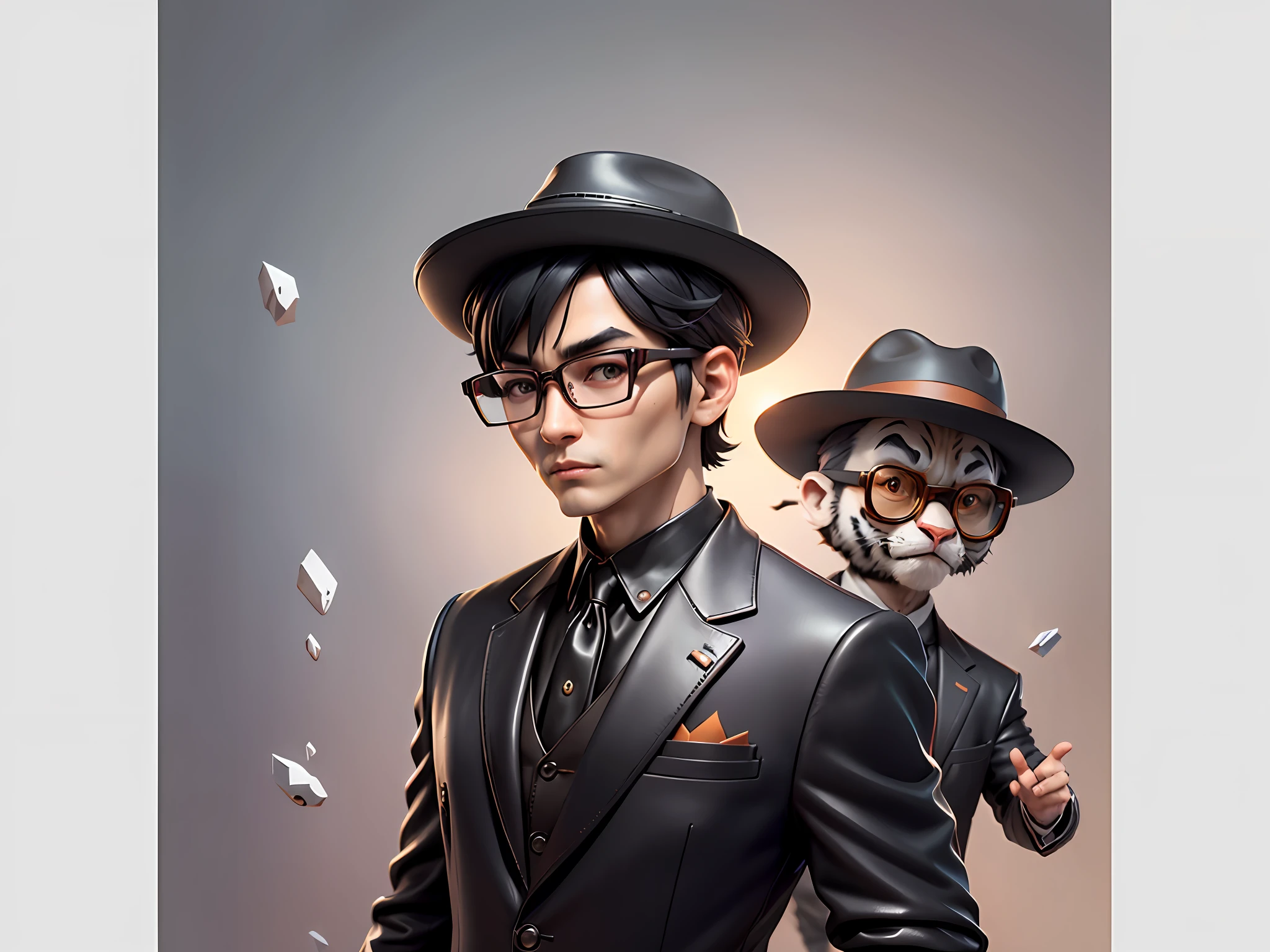 Young man with oriental face in leather hat, tiger, oriental face in formal suit, short black hair, silver glasses, digital painting, 3D character design by Mark Clairedon and Pixar and Hayao Miyazaki and Akira Toriyama, the illustration is a high-definition illustration in 4K resolution with very detailed facial features and cartoon-style visuals.