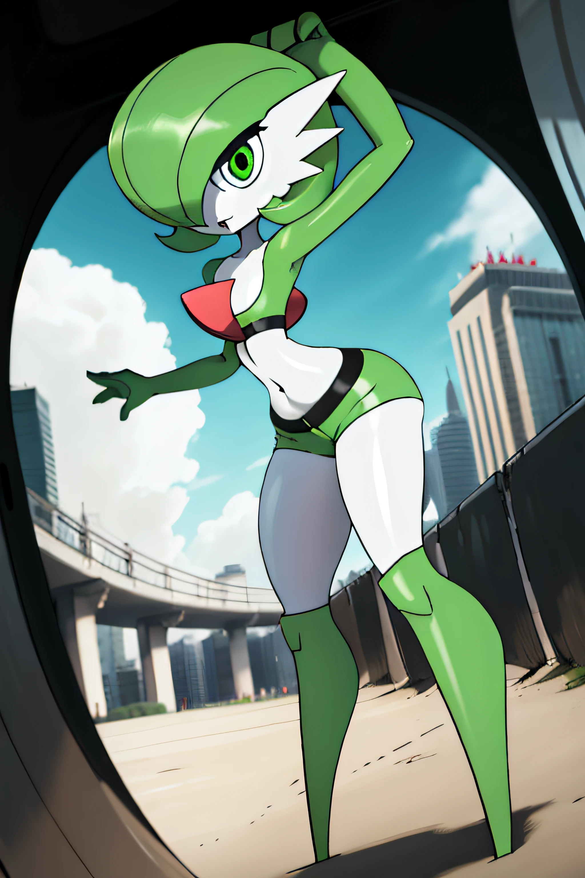 masterpiece, best quality, 1girl, bentennyson, gardevoir, female, wide hips, big butt, green eyes, shorts, tube top, city background