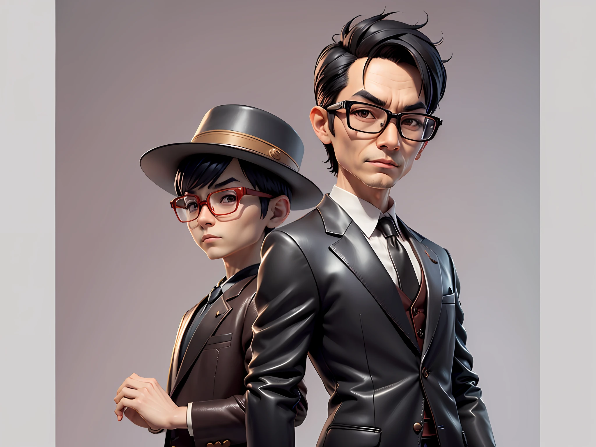 Young man with oriental face in leather hat, tiger, oriental face in formal suit, short black hair, silver glasses, digital painting, 3D character design by Mark Clairedon and Pixar and Hayao Miyazaki and Akira Toriyama, the illustration is a high-definition illustration in 4K resolution with very detailed facial features and cartoon-style visuals.