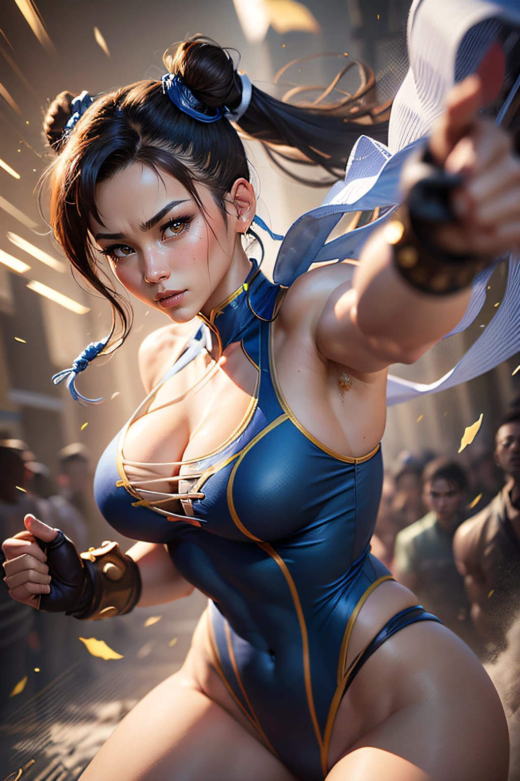 The image depicts Chun-Li, the iconic Street Fighter character, in all her glory. Captured in the highest quality 8k and using the legendary Canon Eos R6 camera, the image is a true masterpiece. Chun-Li is standing, showing off her beautiful athletic body and confident posture. His toned muscles are clearly visible, demonstrating his impressive strength and agility. Her blue and gold combat suit enhances her lean, powerful figure. Chun-Li's extremely beautiful face is a highlight in this image. Her expressive eyes shine with determination, while her winning smile conveys a mixture of grace and courage. Every feature of her face is meticulously captured, revealing her unique beauty. 8k resolution and maximum quality ensure that every image detail is exceptionally sharp and lifelike. Every hair, every crease in the suit, and every muscle is accurately represented, creating a highly detailed image. This masterpiece, with an impressive score of 1.2, captures the essence of the Chun-Li character, highlighting her beauty, strength and determination. It's an image that is sure to delight Street Fighter fans and appreciators of high quality digital art.