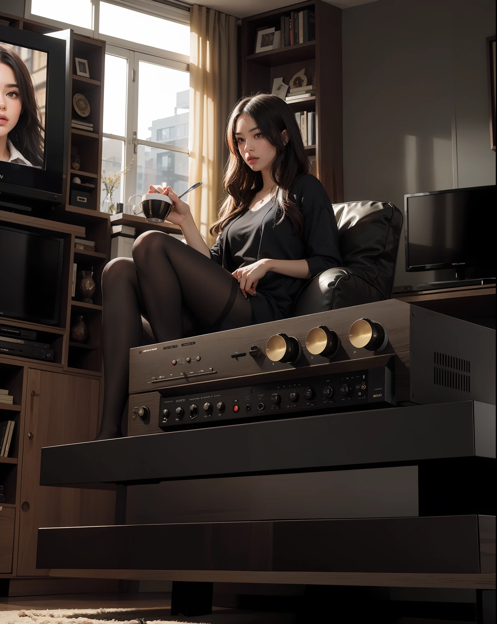 （Black power amplifier：1.3）((Masterpiece, Best quality)), 8K, modern architectural style, photographrealistic, hyperedetailed photo, The interior of the apartment living room is high resolution，liveroom ，sofe，tv set，A coffee，Place the spoon on the plate,Style: flat lay --air 3:2, Best quality, artwork of a, Photorealistic