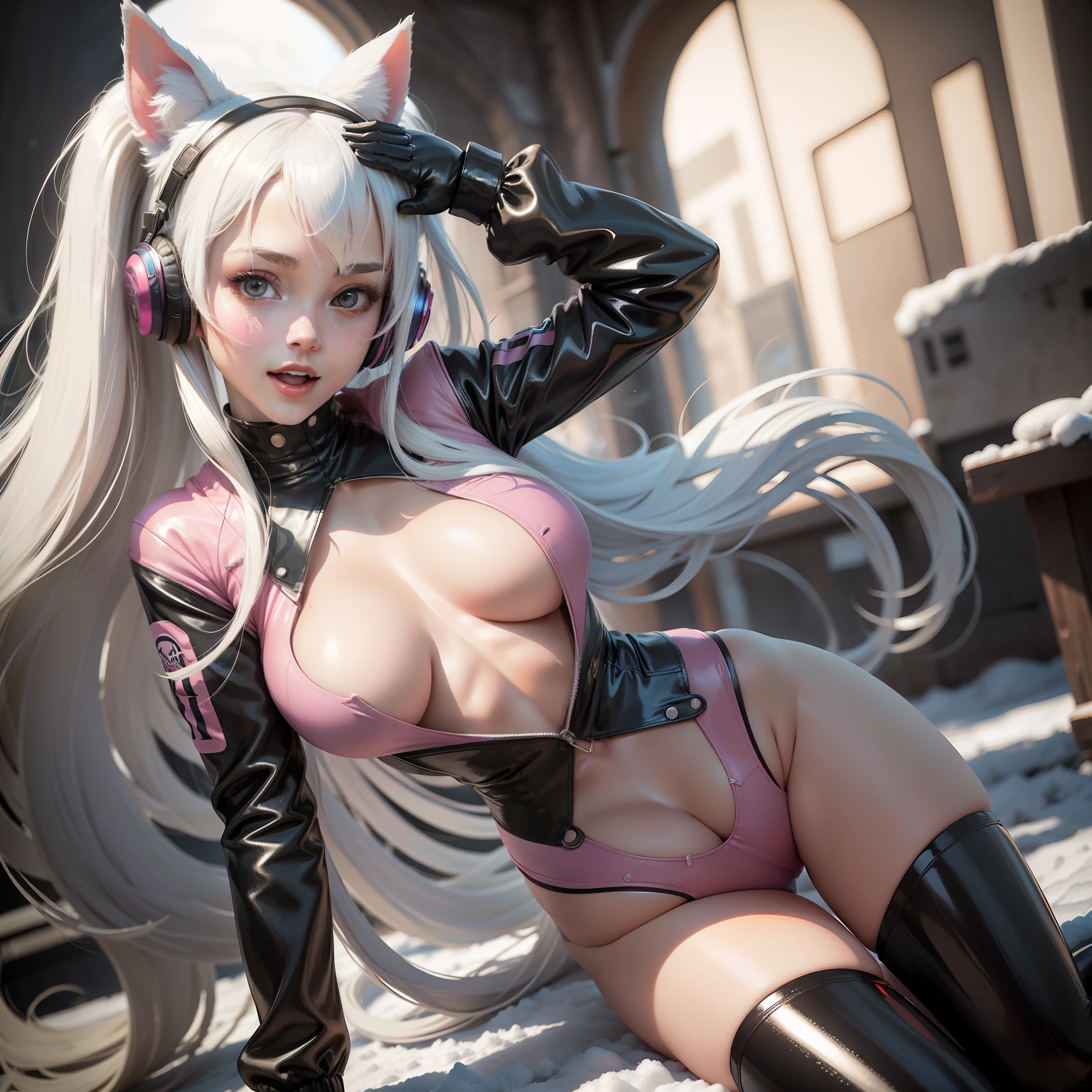 (RAW photo, best quality, masterpiece:1.2), (realistic, photo-realistic:1.4),(masterpiece:1.4),(best quality:1.4),1girl, solo, :d, animal ear headphones, animal ears, arms up, bangs, blush, bodysuit, breasts, bunny pose, clothes writing, covered navel, cowboy shot, cropped jacket, fake animal ears, gloves, outdoor,morning,snow, hair intakes, headphones, impossible bodysuit, impossible clothes, jacket, large breasts, latex, latex bodysuit, long hair, long sleeves, looking at viewer, large breasts, multicolored gloves, open mouth, pink bodysuit, pink eyes, red eyes, red jacket, shiny clothes, shrug \(clothing\), sidelocks, skin tight, smile, thigh gap, thighs, twintails, very long hair, white gloves, white hair,alice \(nikke\),(shiny skin),realistic,