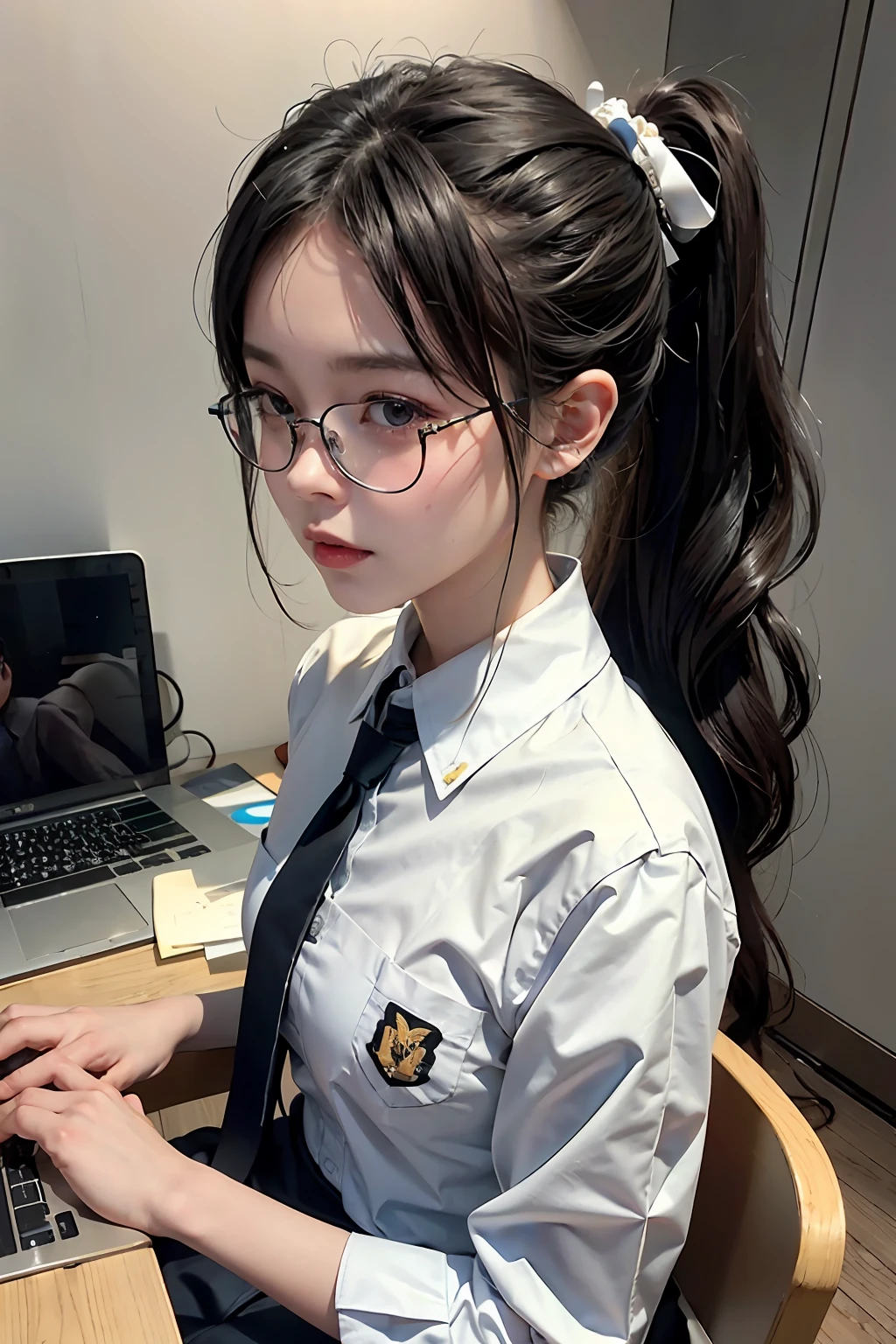 （超高分辨率，realisticlying，realisticlying，best qualtiy，photo-realistic），（highdetailskin，Visible Pore），（Real Human，photore），photorealestic，（8K，RAW photogr，best qualtiy，tmasterpiece），photon maping，Radio City，physically-based renderingt，automatic white balance，teens girl，Western-style school uniform，tiese，High ponytail，round frame glasses，laptop