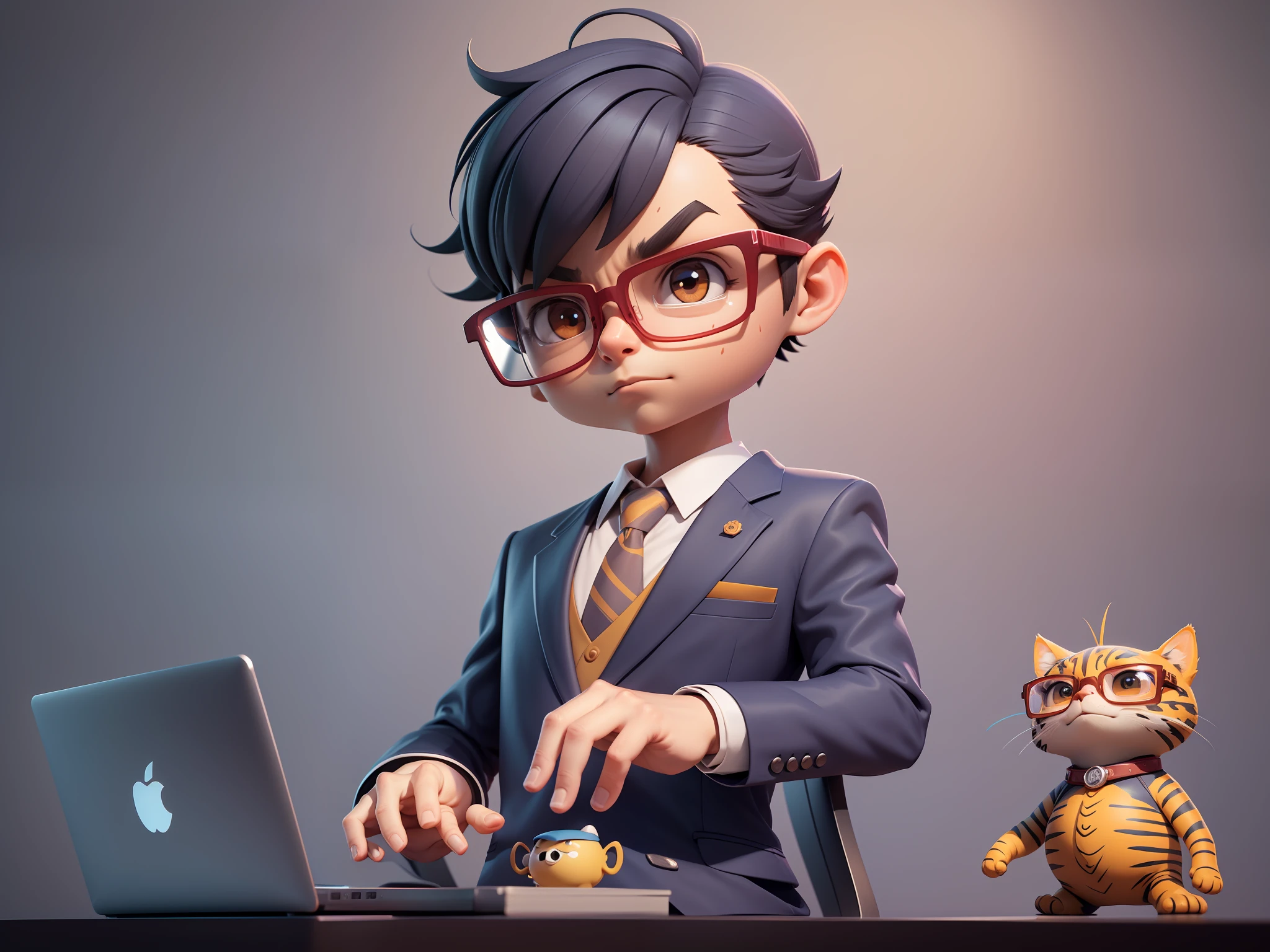 A young man in a suit, Short hair and glasses sat at his desk，holding laptop，digitial painting，tigre，3D character design by Mark Clairen and Pixar and Hayao Miyazaki and Akira Toriyama，4K HD illustration，Very detailed facial features and cartoon-style visuals。