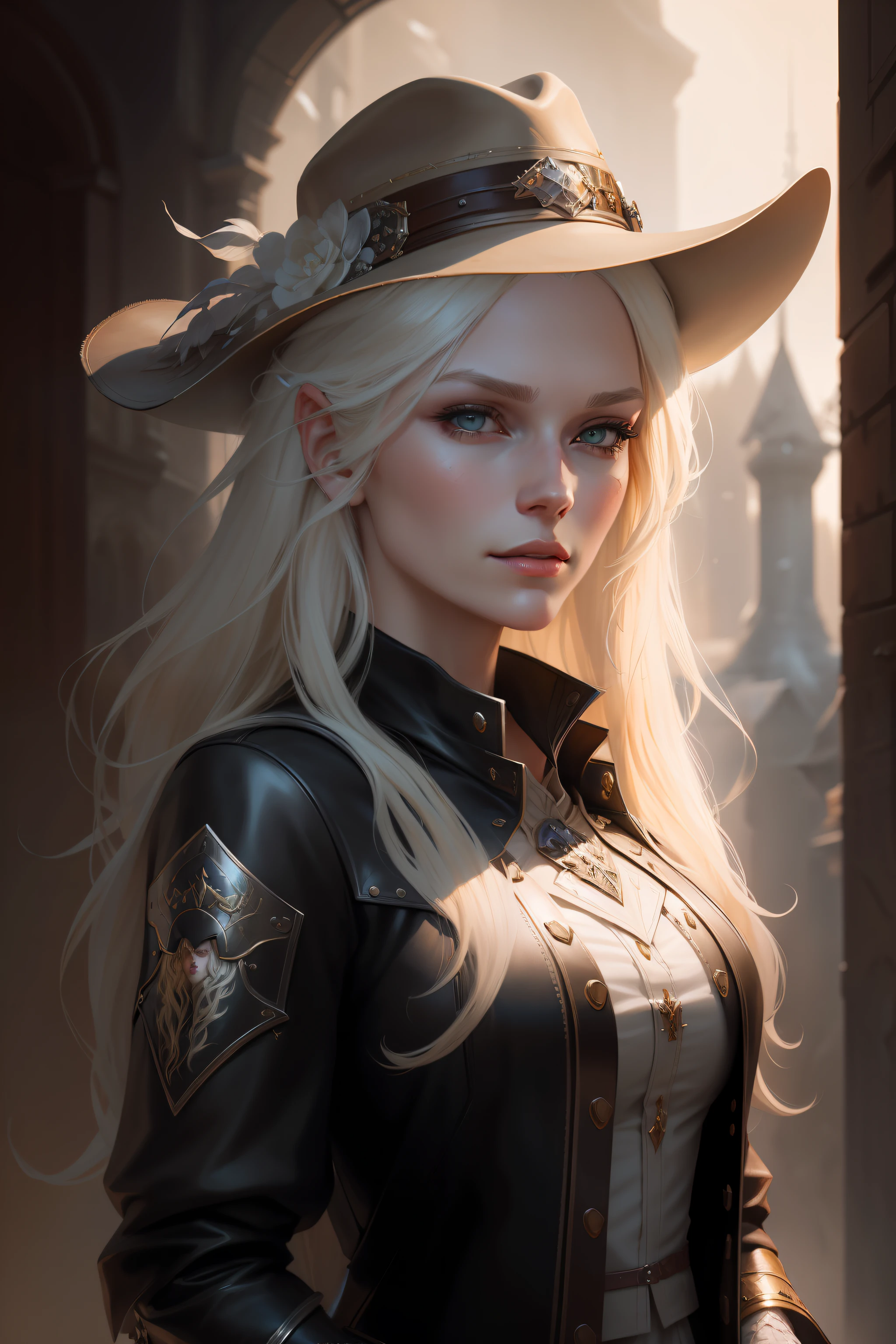 Blonde woman with long white hair wearing a hat and leather jacket, Stunning character art, alexandra fomina artstation, fantasy concept art portrait, Beautiful character painting, fantasy character portrait, Character art portrait, epic exquisite character art, Realistic fantasy illustration, Guviz-style artwork, cgsociety portrait, Epic fantasy art portrait, fantasy genre portrait, fantasy art portrait