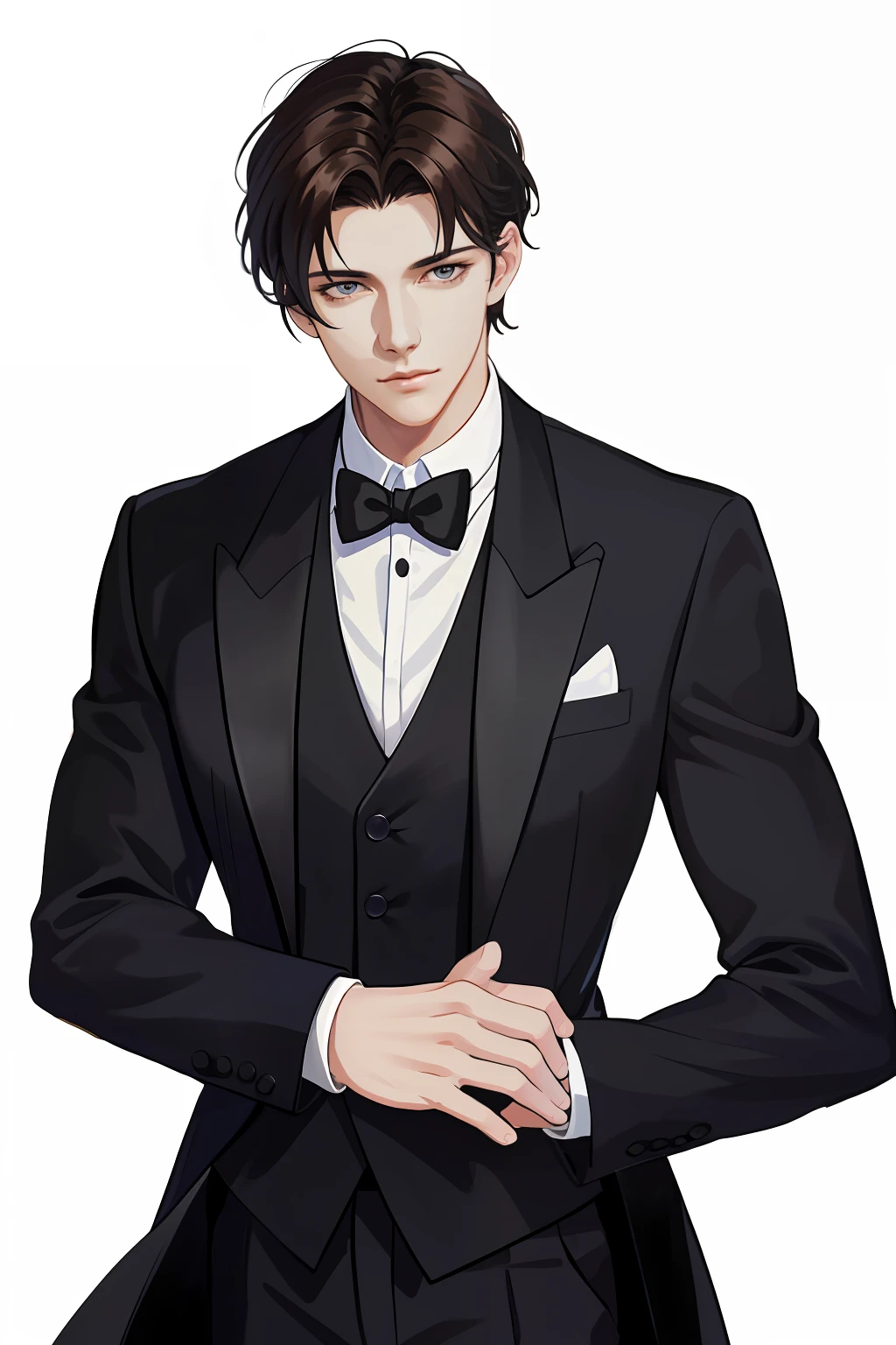 masterpiece, top-quality, realisitic, 1 persons, Men's Focus,, tall muscular, a handsome, Adonis,Beautiful Youth、 portraitures, extra detailed face, (Dark hair), Untidy hair, Simple suit、Black tie、white plain background