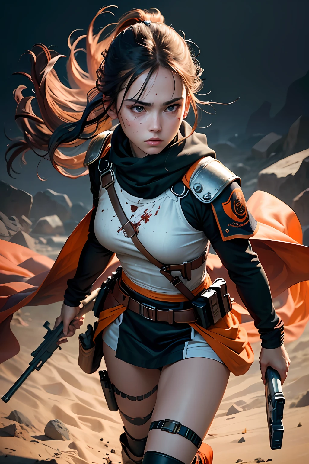 Best quality,masterpiece,ultra high res,(photorealistic:1.4)1girl,white background,solo,blood,arm guards,simple background,male focus,looking at viewer,black eyes,tabi,floating hairfull body,orange,,full body,
(gun:1.3),weapon,blue eyes,rifle,holding weapon,holding,
light brown,,upper body,serape,