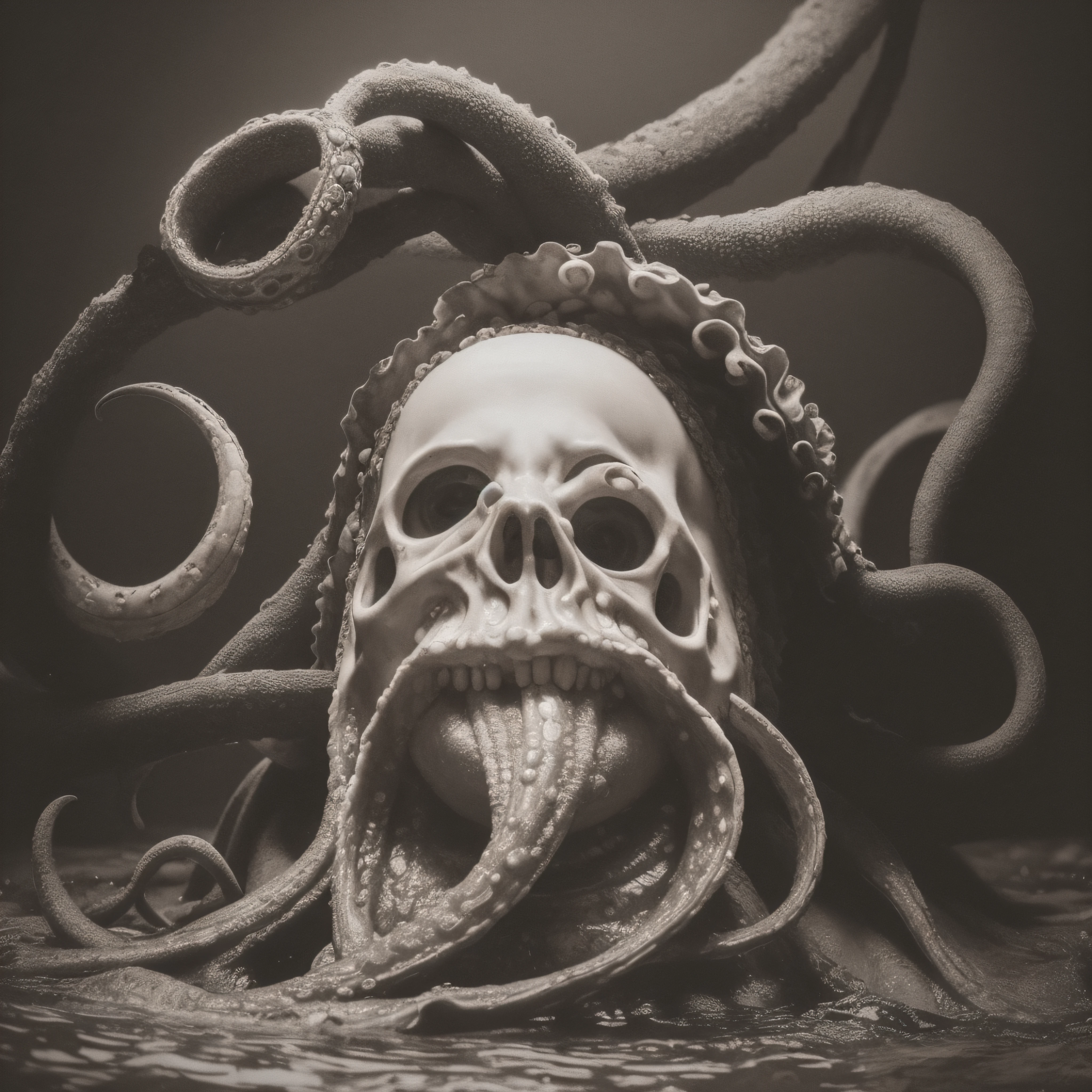 (extremadamente detallado, obra maestra, La mejor calidad), Estilo oscuro, intense illumination, rostro con arrugas, lengua larga, tentacle, deforme, monstruoso, interior de una piscina de agua verdosa, imagen submarina, alien con Colmillos finos, pico de pulpo amenazante. manchas de tinta. Rococo composition. Luz de caravaggio