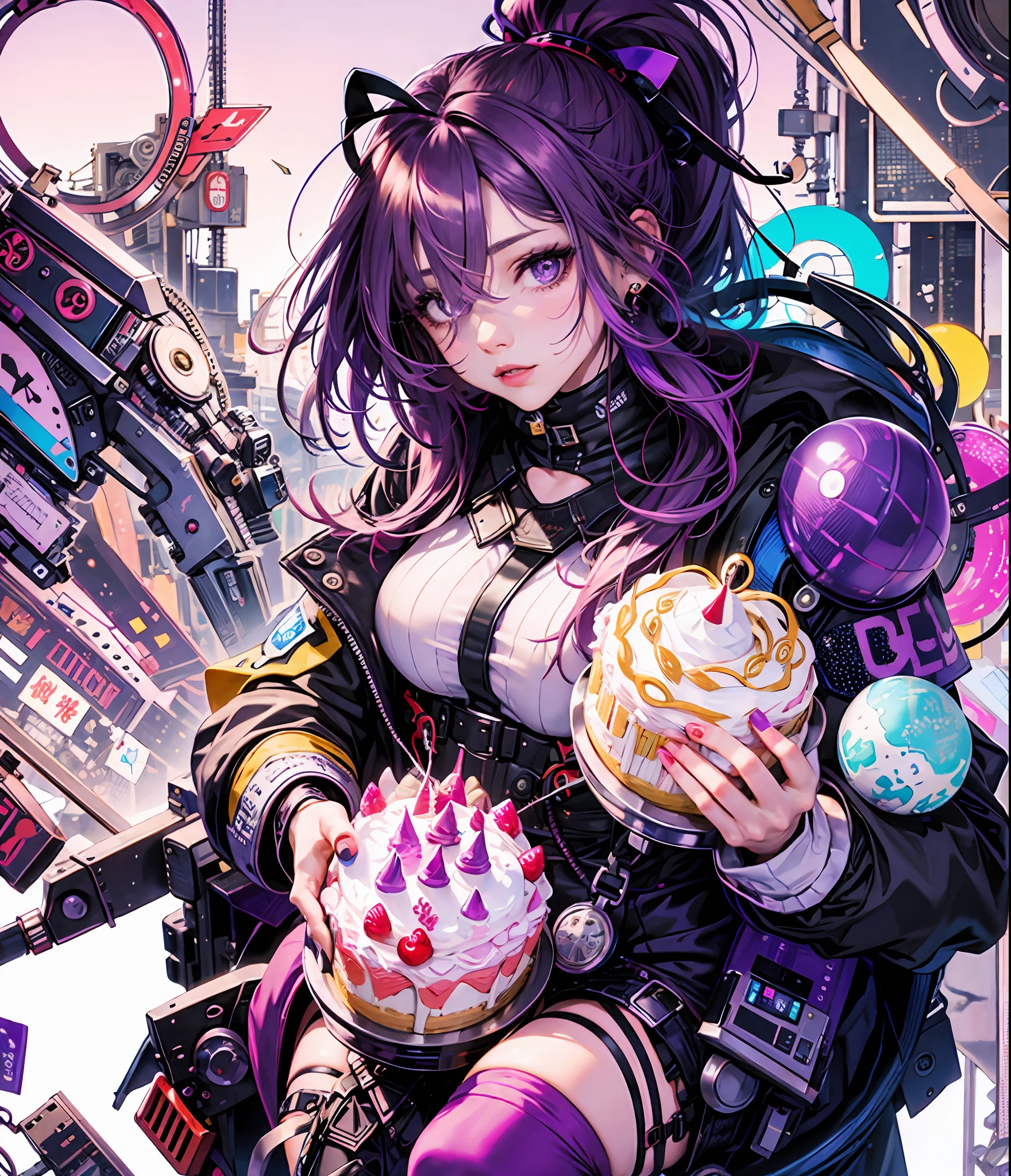 (purple hair, hair over one eye, ponytail, purple eyes),official art, unity 8k wallpaper, ultra detailed, beautiful and aesthetic, High quality, beautiful, masterpiece, best quality, (zentangle, mandala, tangle, entangle:0.6), flat color, limited palette, low contrast, 1girl, a cute girl serving cake to demons, pink, bright pastel colors, kawaii,