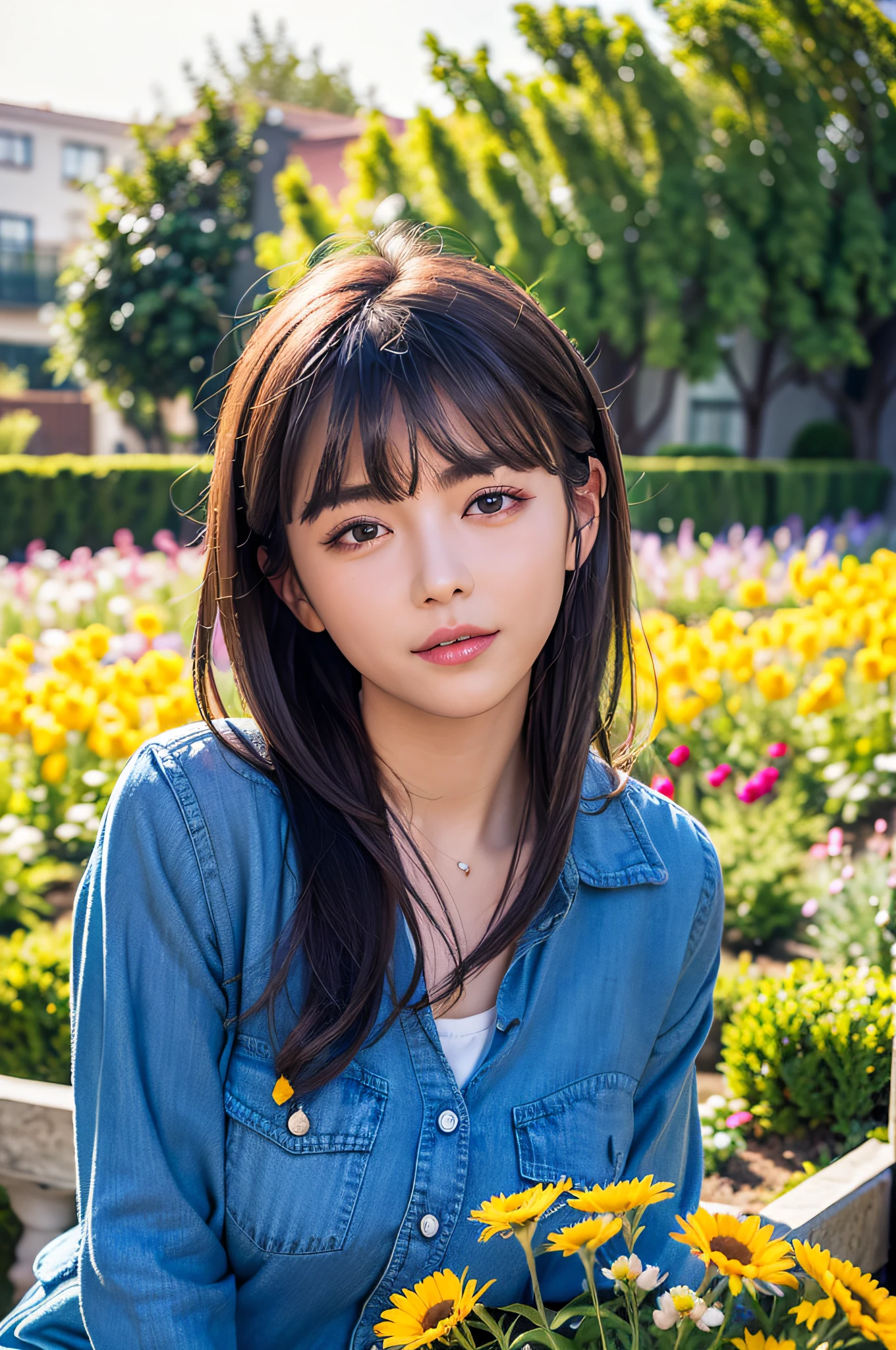 ((masterpiece)),((best quality)),absurdres, 1girl, sitting _cowgirl position, pov, gardening uniform, (flowers garden:1.1), sunlight, (half-closed eyes:0.4), (parted lips:1.4), (nose blush:1.2), light smile,
