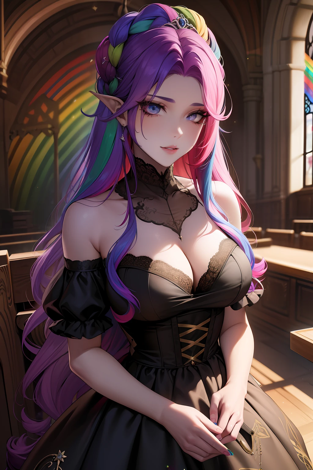 (((rainbow hair))), Melhor qualidade, ((Rco-iris hair)), obra-prima, ultra alta res, retrato surreal, surrealismo, sonho-como, Salix florescer em um vaso, criatura de fantasia, DiamonAI -imagine -((rainbow hair)), (((rainbow hair))), master part, melhor qualidade, ((elfo)), cabelo longo, rainbow hair, large eyelashes, olhos ultra detalhados, detailed hands, dedos ultra detalhados, mulher adulta, seios grandes, elfo, quadril largo, olhos detalhados, detailed hands, dark ilumination, bruxa, de chapel grande, (chapel de bruxa), glitter, vestido longo de renda vermelho, Accessories, head ornament