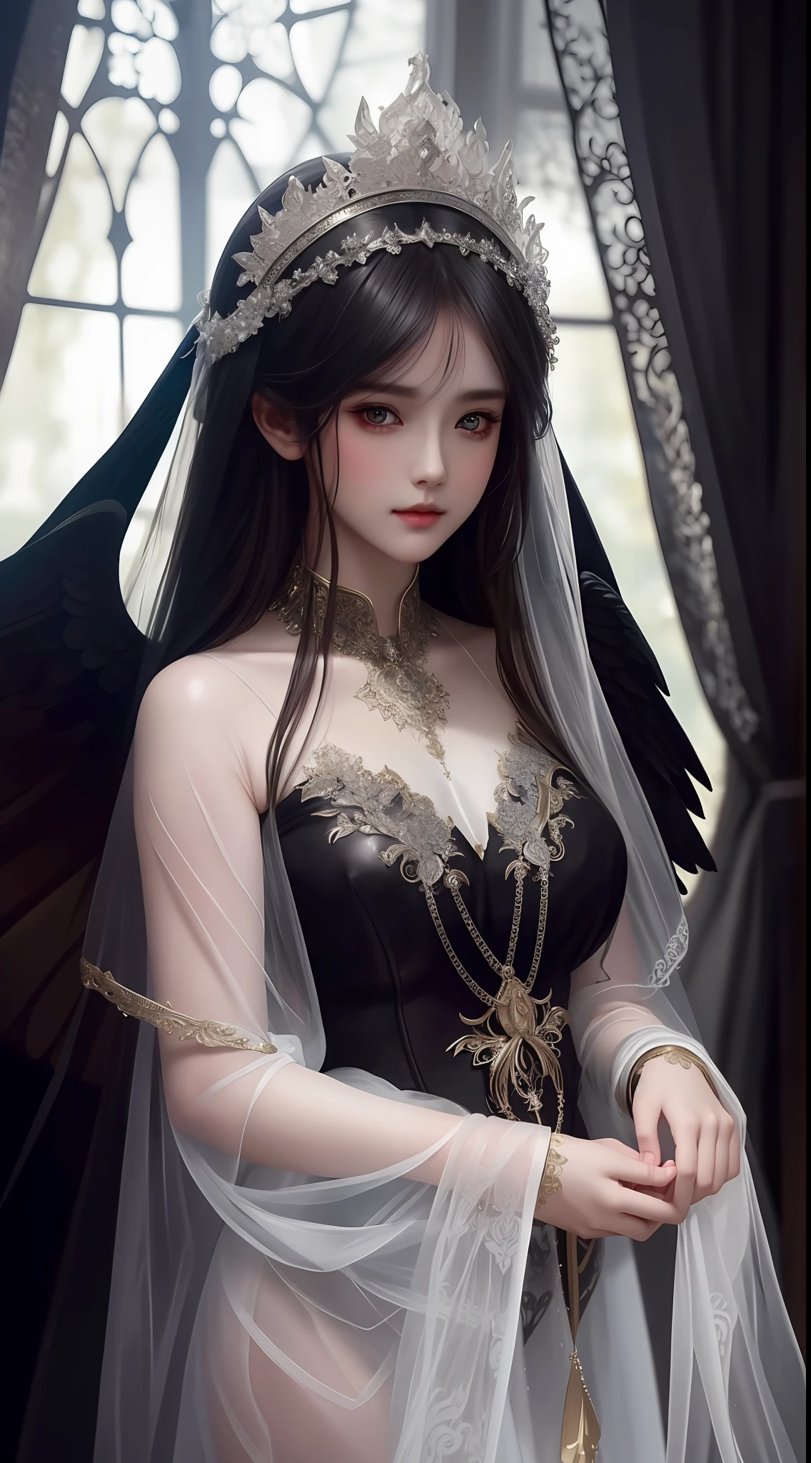 the perfect human model cute angelic girl posing, accurate details, detailed face, fantasy black clothes, dramatic, intricate, elegant, highly detailed, digital painting, artstation, concept art, smooth, sharp focus, illustration, art by gustave dore, octane render, 4k