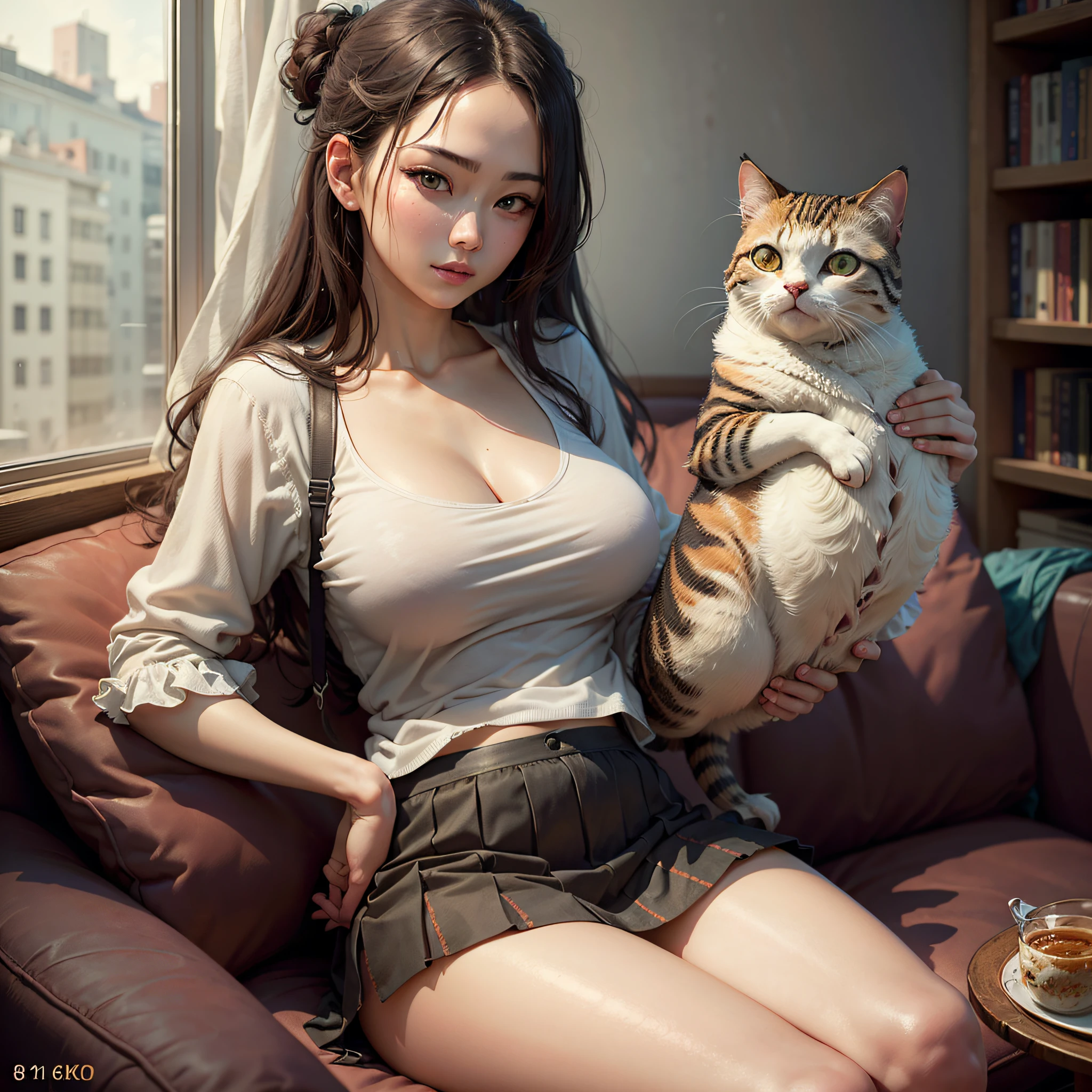 ((Best quality, 8k, Masterpiece :1.3)), Beautuful Women, 1girl, huge tit:1.3, (Strong abs, slim toned body:1.1), Lustful dark brown hair, (sitting in the couch, crossedlegs, a skirt:1.1 ), Ultra-fine face, detailed lips, A detailed eye, 二重まぶた ，Holding the beaver cat all the time