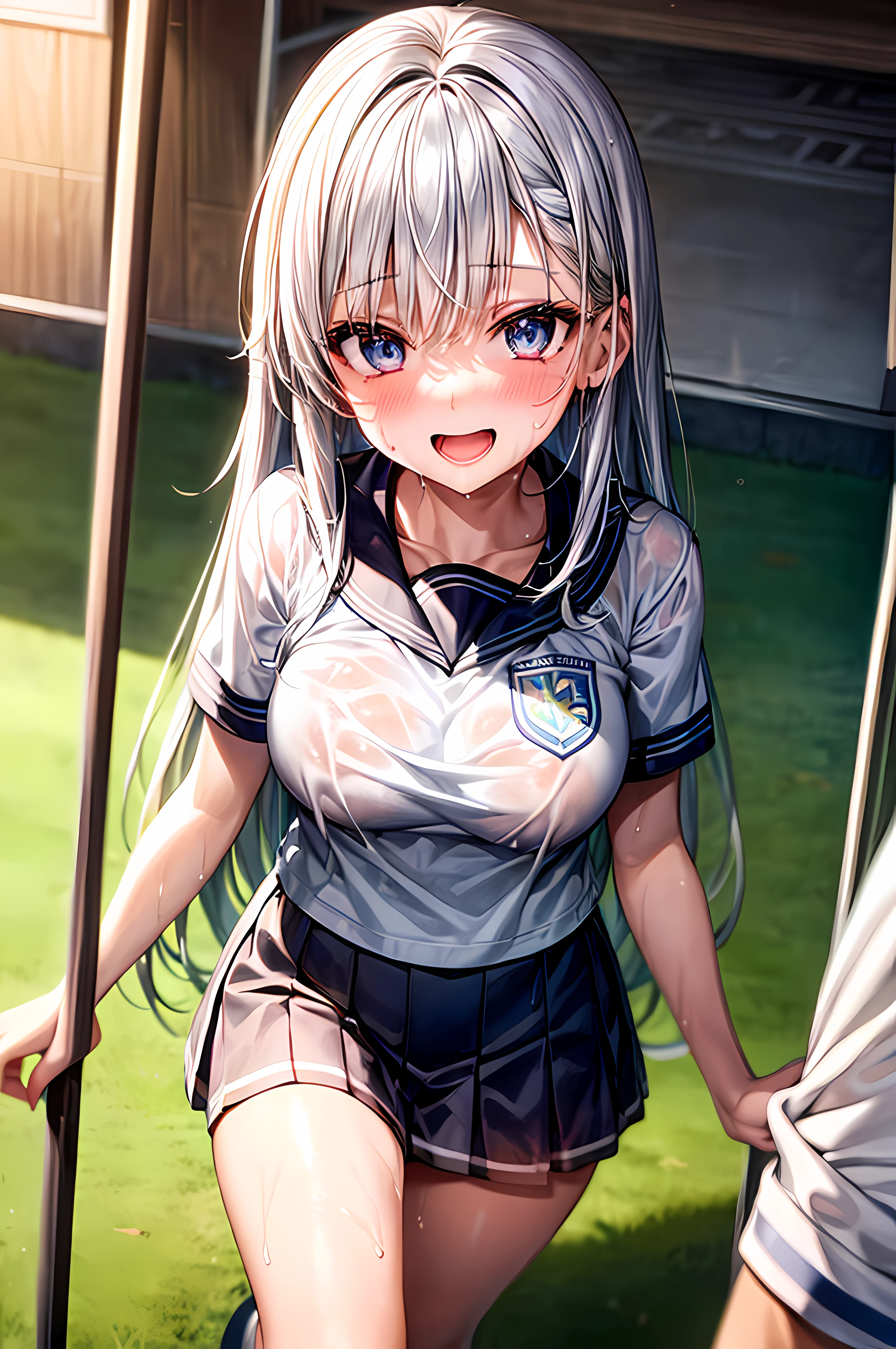 1girl, shining white hair, cute face, school sports uniform, sweating, school gym room, wet clothes, blue eyeballs, excited, looking at the viewer, add_detail:1