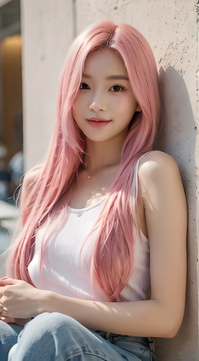 Close up portrait of a person with pink hair leaning against a wall, Gorgeous young Korean woman, beautiful Korean women, Korean Girl, Beautiful young Korean woman, Long flowing pink hair, Long pink hair, Beautiful Asian Girl, Korean Woman, With pink hair, pastel light pink very long hair, Asian girl with long hair, smooth pink skin, pink straight hair　Sitting in a café　a smile