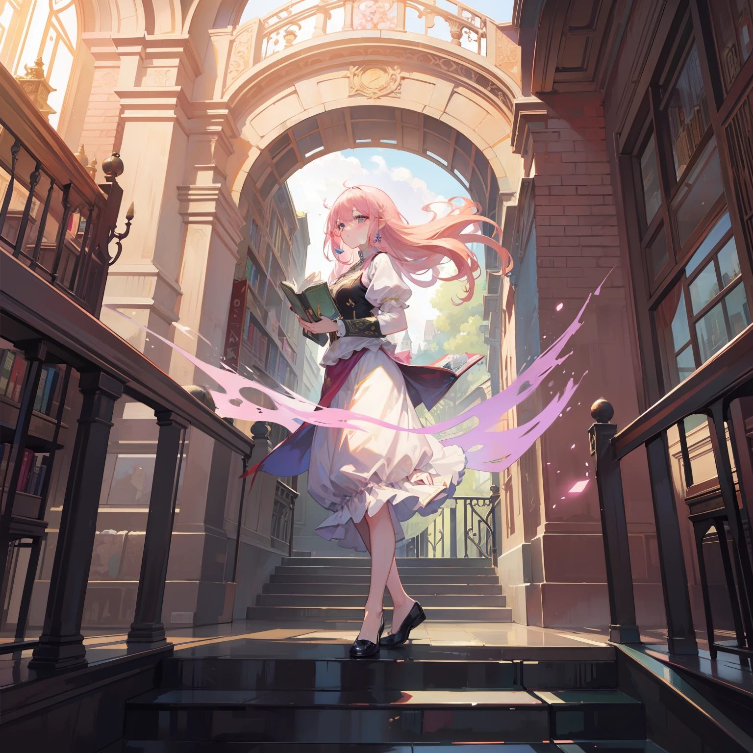 floating woman illustration, masterpiece, fine detail, 4k, 8k, 12k, solo, alone, beautiful girl, white woman, goblin, pink hair, spiral staircase, library, floating book