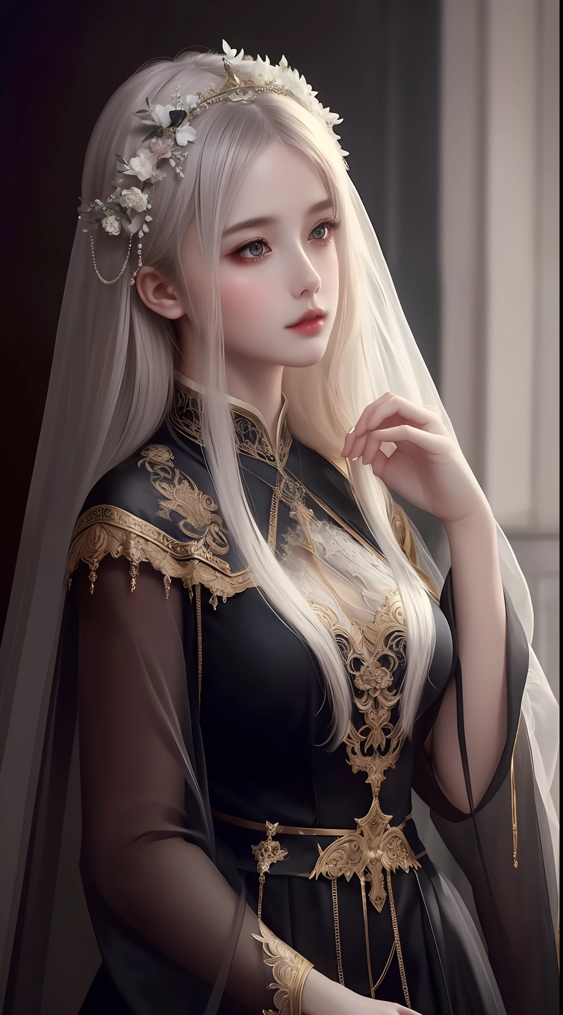 the perfect human model cute angelic girl posing, accurate details, detailed face, fantasy black clothes, dramatic, intricate, elegant, highly detailed, digital painting, artstation, concept art, smooth, sharp focus, illustration, art by gustave dore, octane render, 4k