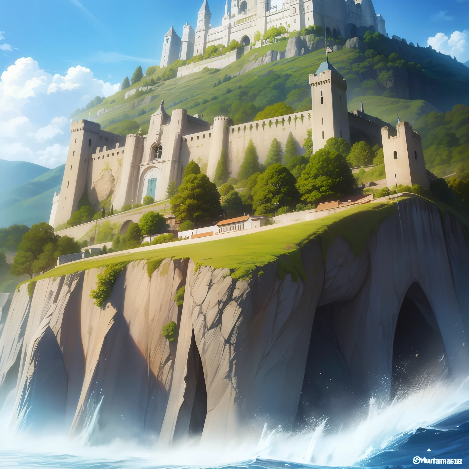 Castelo encima de montanhas, cercadas por muralhas