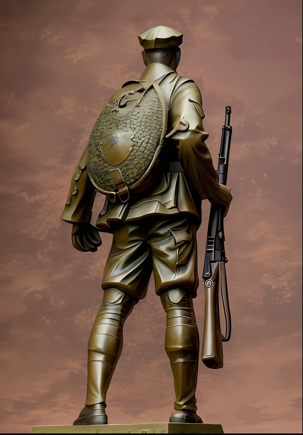 A statue of a soldier carrying a rifle and basket, a statue, statue, WW 1, WWI, Single male tired soldier, Vietnam Soldiers, inspired by Kōno Michisei, full body close-up shot, full body shot hyperdetailed, bronze statue, soldier, distant full body view, heavy detail, japan soldier in world war 2