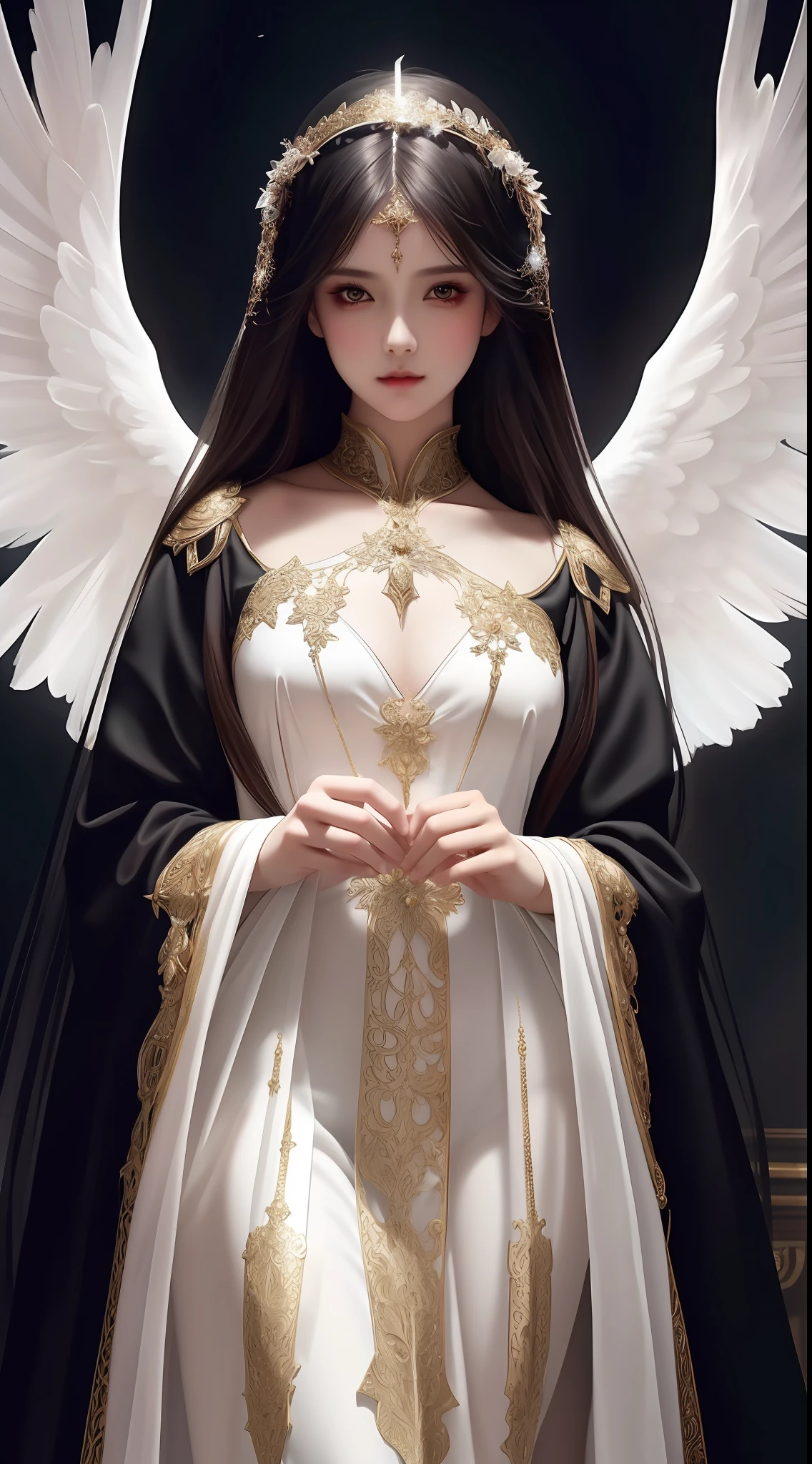 the perfect human model cute angelic girl posing, accurate details, detailed face, fantasy black clothes, dramatic, intricate, elegant, highly detailed, digital painting, artstation, concept art, smooth, sharp focus, illustration, art by gustave dore, octane render, 4k
