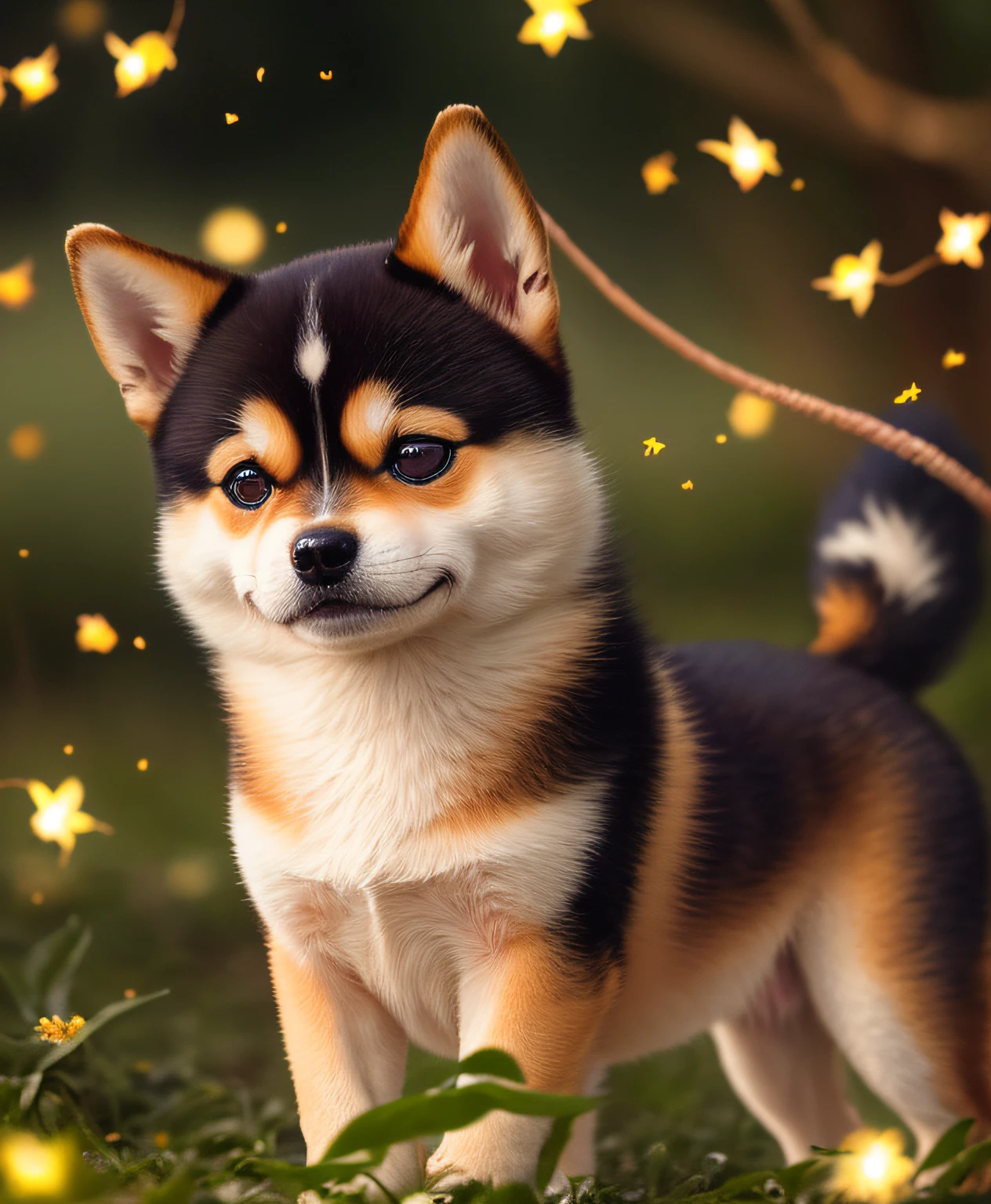 Close up photo of Shiba Inu in the Enchanted Forest、natta、fireflys、Volumetric fog、Halation、Bloom、Dramatic atmosphere、central、thirds rule、200mm 1.4F Macro Shot