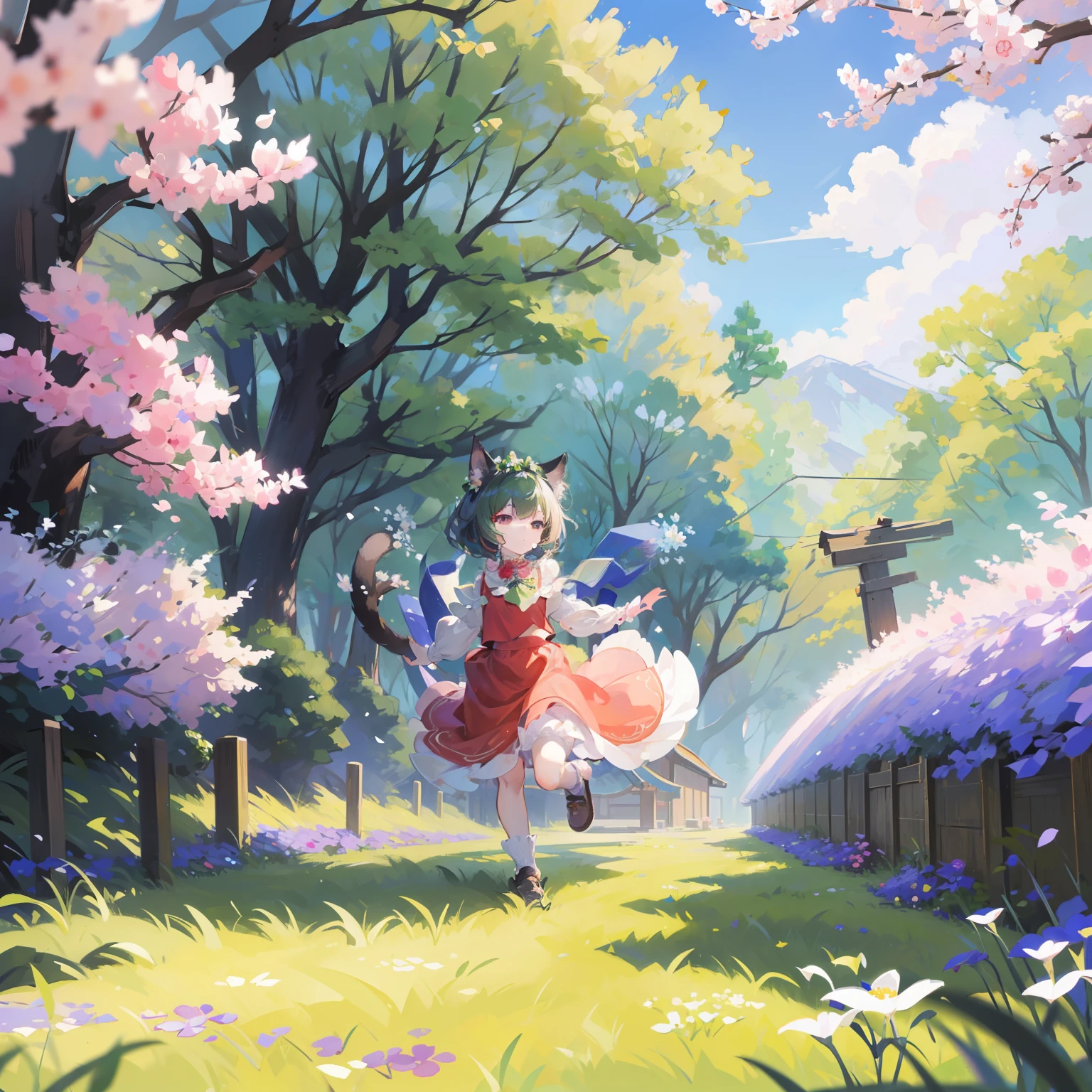 Illustration of Chen running around, masterpiece, fine details, 4k, 8k, 12k, solo, one person, beautiful girl, white woman, Chen, cat ears, tail, Gensokyo, meadow, spring, flower crown