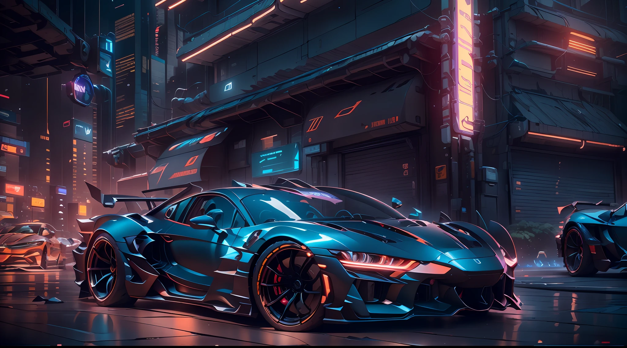 A sports car,mechs,Background cyberpunk,Close up of a car on a city street at night, cyberpunk art by Adrian Zingg, cgsociety contest winner, futurism, Hyper-realistic cyberpunk style, cyberpunk car, dark futuristic, cyberpunk garage on jupiter, 8k octane 3d render, cyberpunk art ultrarealistic 8k, 8 k cg render, 8 K high detail concept art, 3 d octane render conceptart,Best picture quality,High chiaroscuro,