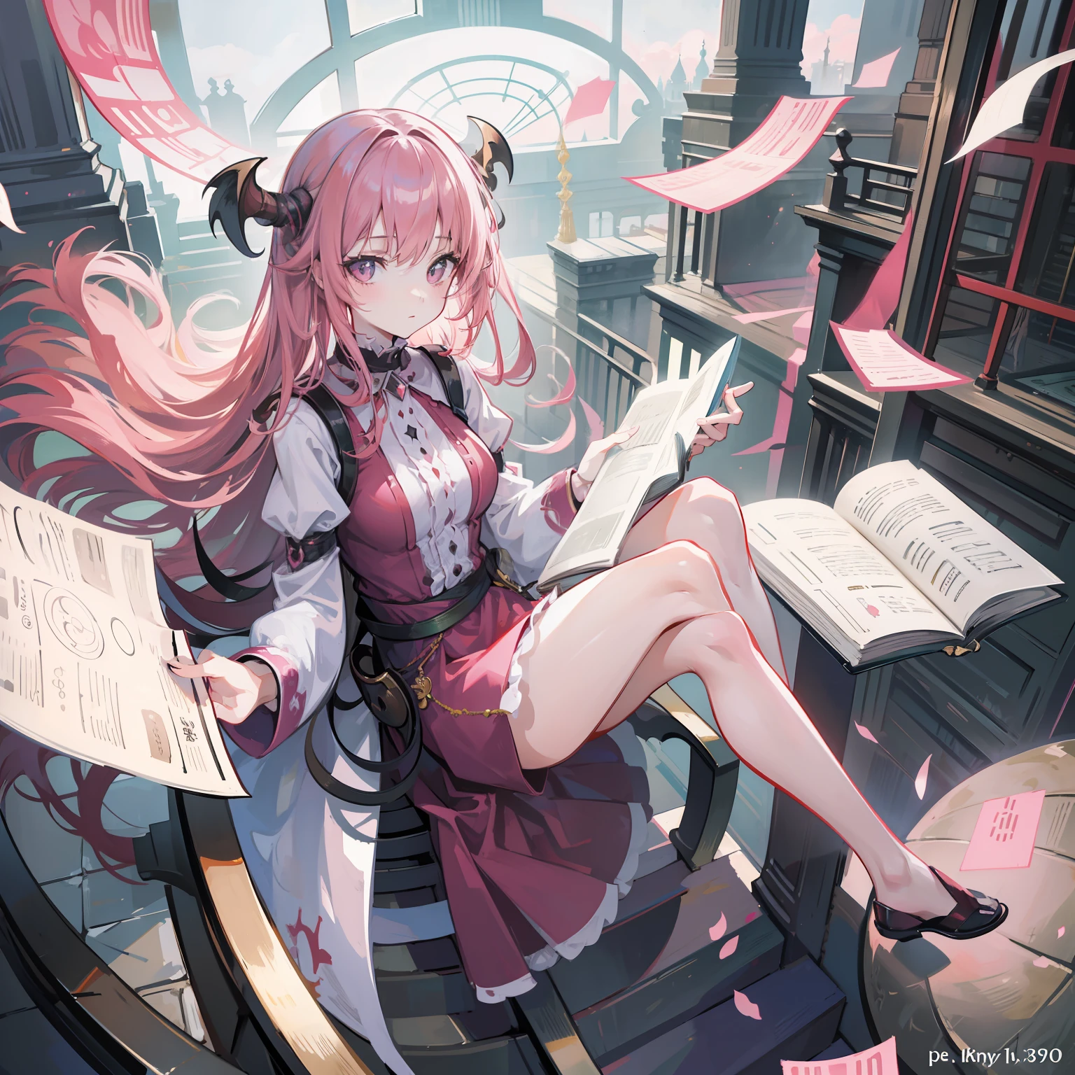 Illustration of a floating woman, masutepiece, Fine detail, 4K, 8K, 12K, Solo, Alone, Beautiful Girl, caucasian female, Kobold, Pink hair, Spiral staircase, Library, floating book