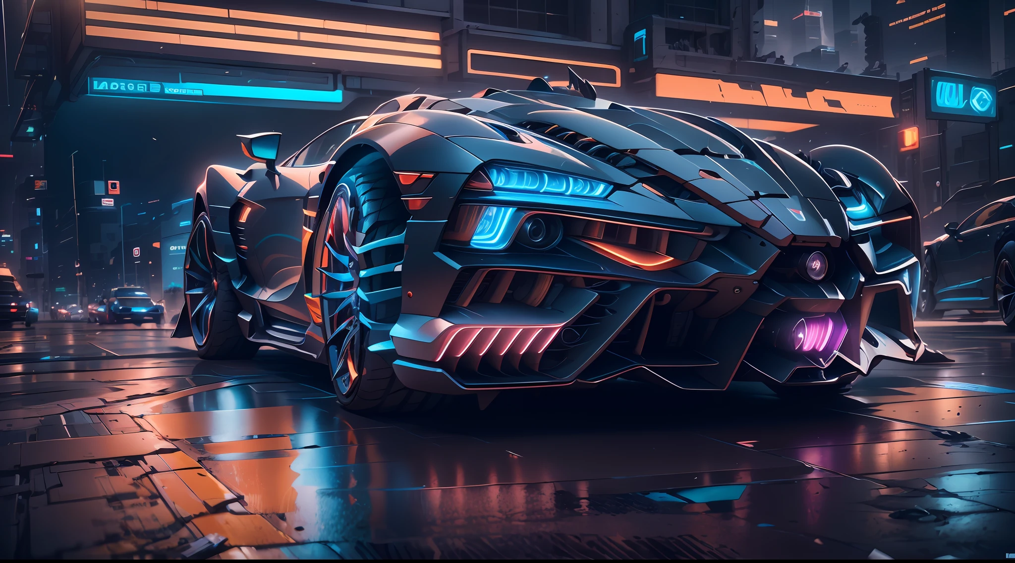 A sports car,mechs,Background cyberpunk,Close up of a car on a city street at night, cyberpunk art by Adrian Zingg, cgsociety contest winner, futurism, Hyper-realistic cyberpunk style, cyberpunk car, dark futuristic, cyberpunk garage on jupiter, 8k octane 3d render, cyberpunk art ultrarealistic 8k, 8 k cg render, 8 K high detail concept art, 3 d octane render conceptart,Best picture quality,High chiaroscuro,