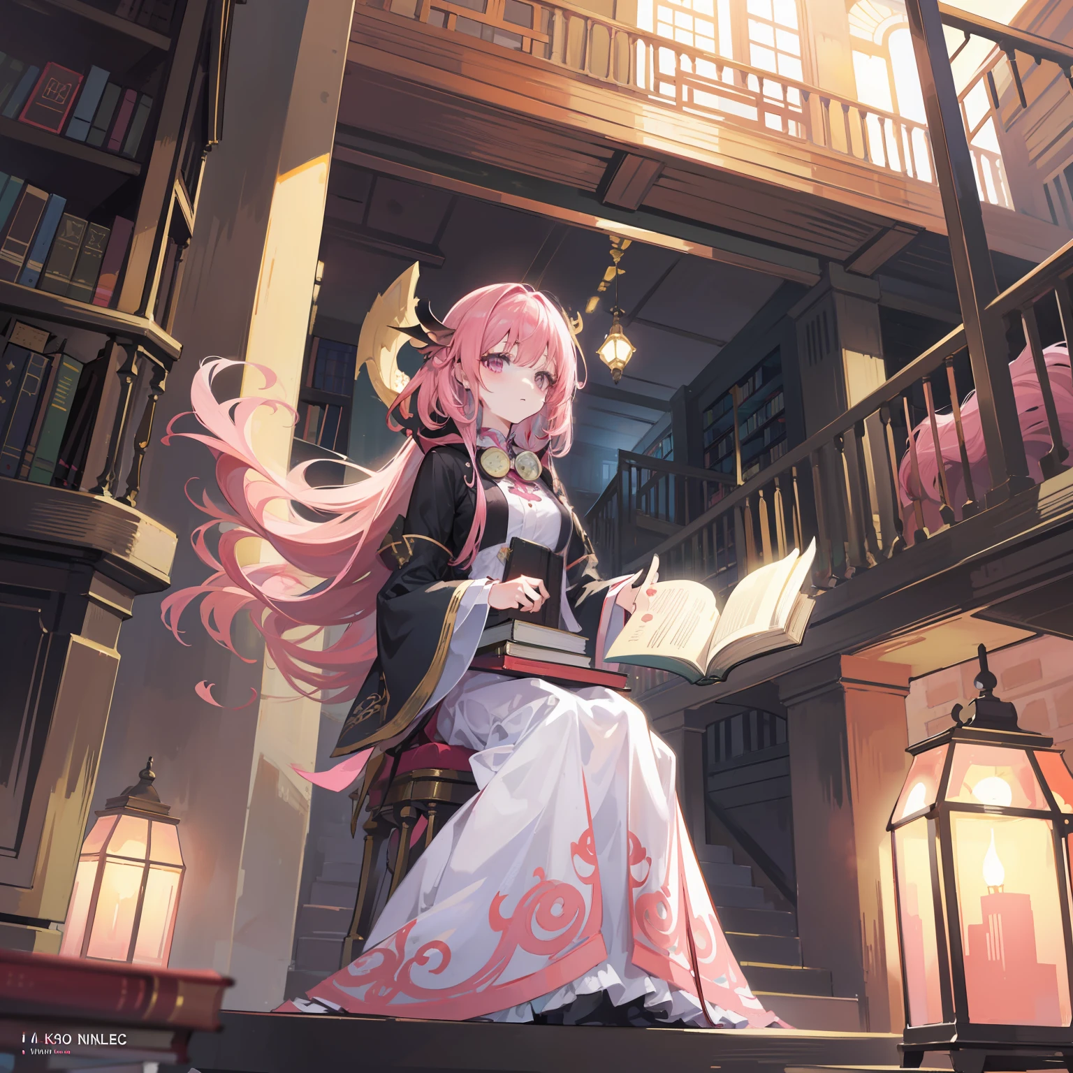 Illustration of a floating woman, masutepiece, Fine detail, 4K, 8K, 12K, Solo, Alone, Beautiful Girl, caucasian female, Kobold, Pink hair, Spiral staircase, Library, floating book