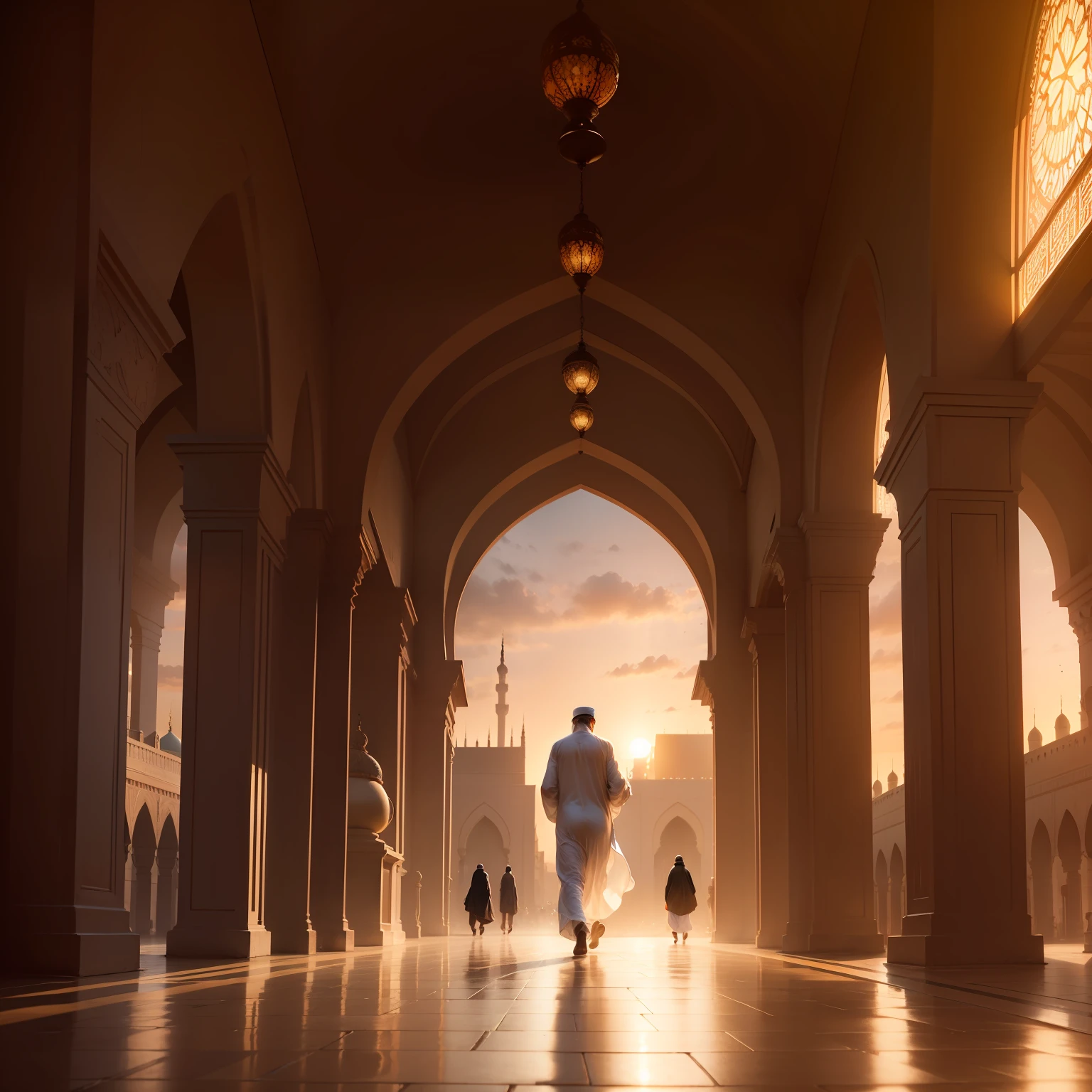 1 man,wearing a traditional kufi cap and a flowing thobe, walks gracefully towards the magnificent mosque during the golden hour of sunset, a feeling of reverence and devotion emanates from his peaceful countenance.sunny day,light shadow