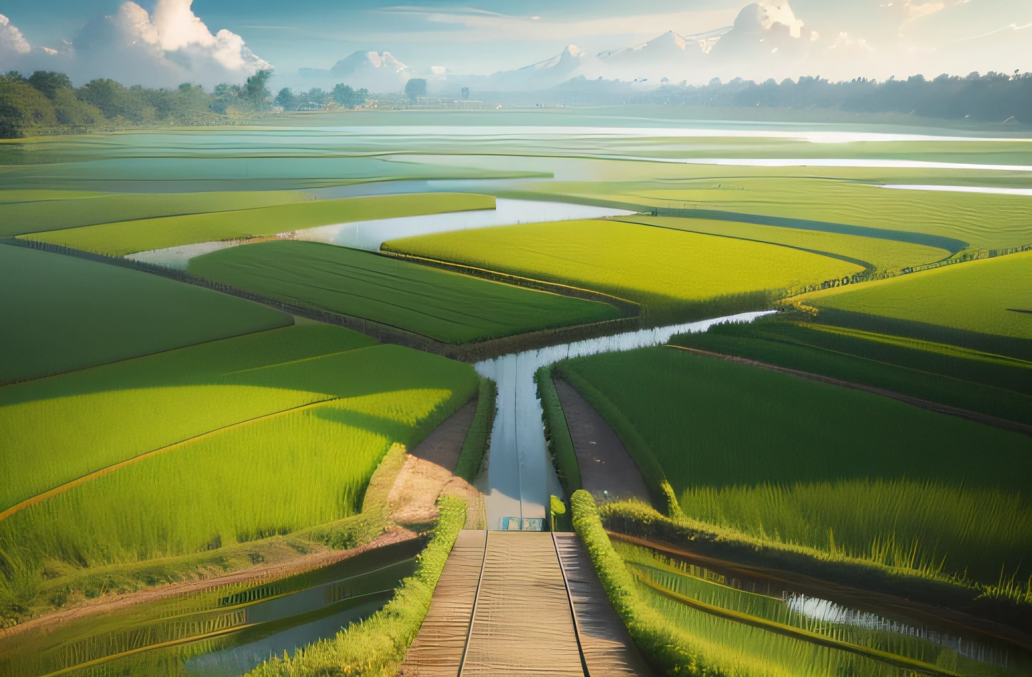 arafed walkway in a green field with a man walking on it, a picture by Yi Insang, pixabay, conceptual art, in style of thawan duchanee, rice paddies, shot from drone, malaysia with a paddy field, shot from a drone, top-down shot, paddy fields and river flowing, wide portrait, seen from above