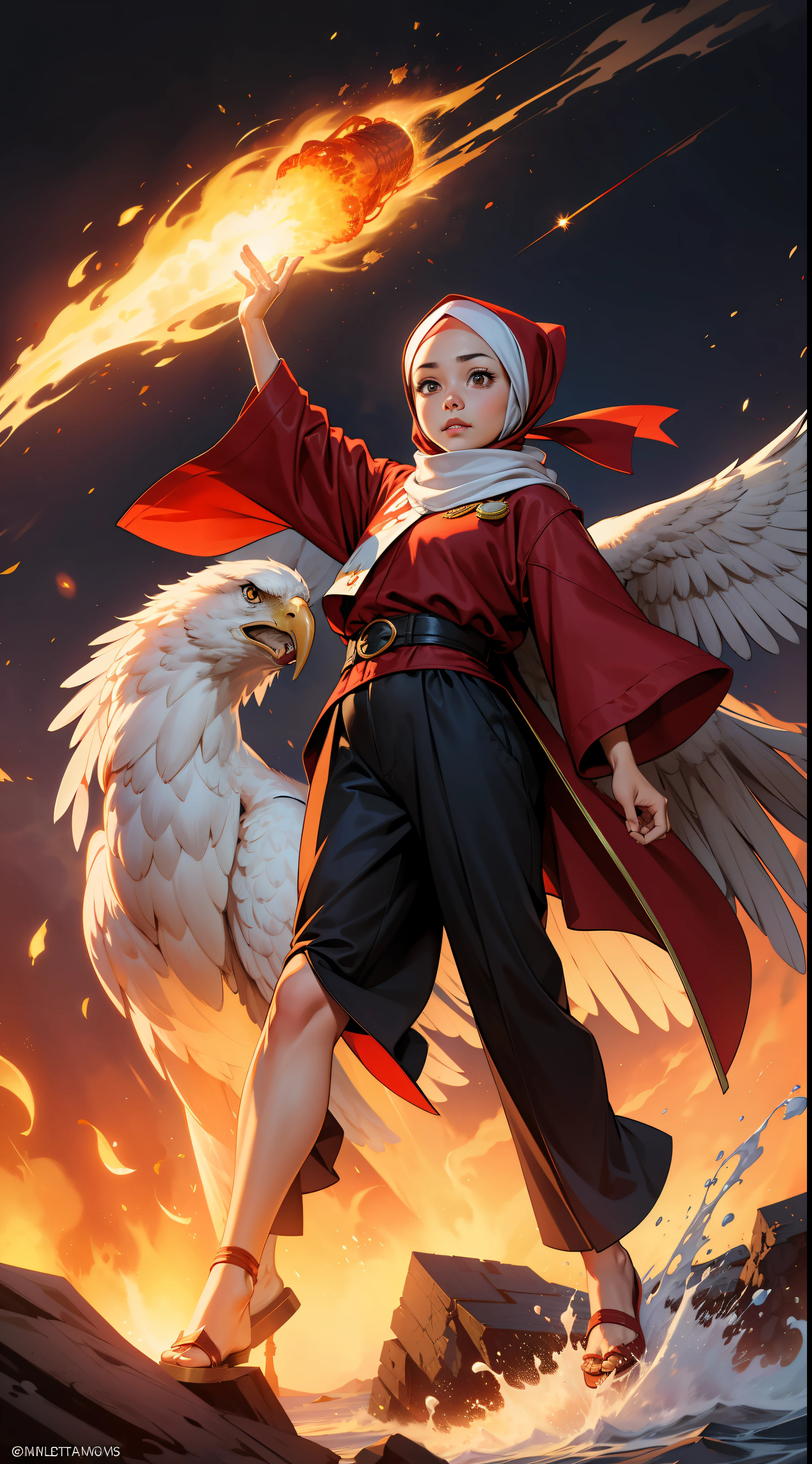 Masterpiece, realistic, A little hijab girl, wearing a long sleeve and long big pant, proudly holding a large red and white cloth, ride a big eagle, flying in the night sky, with highly detailed eyes and face, full body view, exuding extreme happiness, celebrating Indonesian Independence Day, patriotic pose, explosion fire, with splashes of water and fire in the background, creating a dramatic atmosphere.