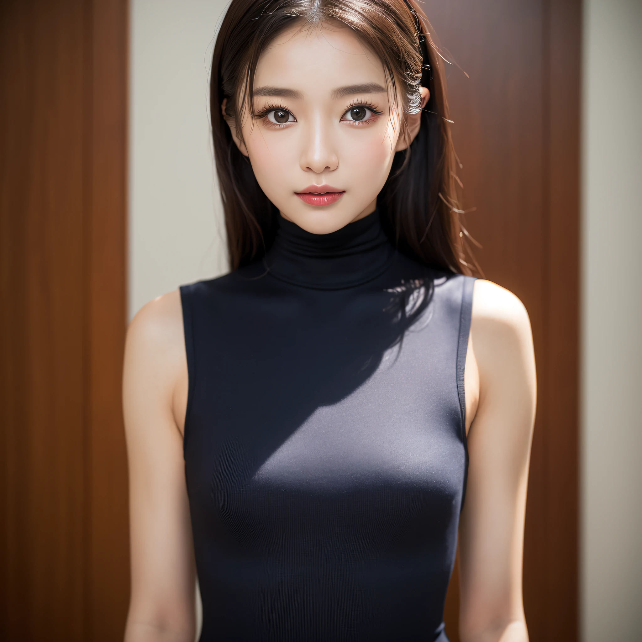 ((best qualtiy、8k masterpieces:1.3))、foco nítido:1.2、(ultra beautiful faces:1.0)、(shinny skin:1.0)、photos realistic、A dark-haired、Video Lighting、High-definition eyes and face、Video Lighting、(Korean Cute Actress)、from the front side、medium breasts、ssmile、Sleeveless、Slender Abs Beauty、Whole body、swim wears