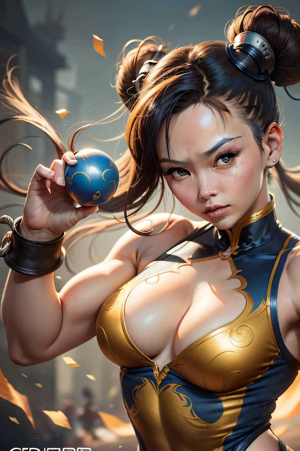 The image depicts Chun-Li, the iconic Street Fighter character, in all her glory. Captured in the highest quality 8k and using the legendary Canon Eos R6 camera, the image is a true masterpiece. Chun-Li is standing, showing off her beautiful athletic body and confident posture. His toned muscles are clearly visible, demonstrating his impressive strength and agility. Her blue and gold combat suit enhances her lean, powerful figure. Chun-Li's extremely beautiful face is a highlight in this image. Her expressive eyes shine with determination, while her winning smile conveys a mixture of grace and courage. Every feature of her face is meticulously captured, revealing her unique beauty. 8k resolution and maximum quality ensure that every image detail is exceptionally sharp and lifelike. Every hair, every crease in the suit, and every muscle is accurately represented, creating a highly detailed image. This masterpiece, with an impressive score of 1.2, captures the essence of the Chun-Li character, highlighting her beauty, strength and determination. It's an image that is sure to delight Street Fighter fans and appreciators of high quality digital art.
