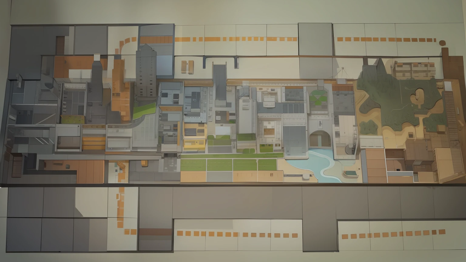 Lego,Small town along the coast,flat drawing,Review the layout and plan。