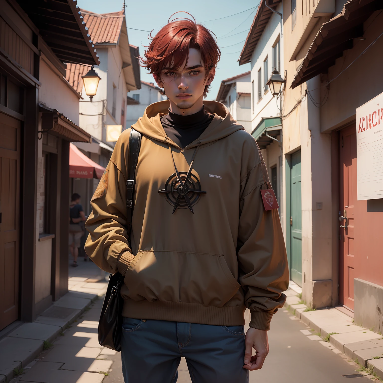 ((estilo Arcane)) homem , asymmetrical bangs, franja, cabelo vermelha, moletom amarelo, olhando para o espectador, homem jovem, olhar louco, noite, cidade, cabelo longo, olhos cor de rosa, solo, standing, parte superior do corpo, \(liga de lendas\)