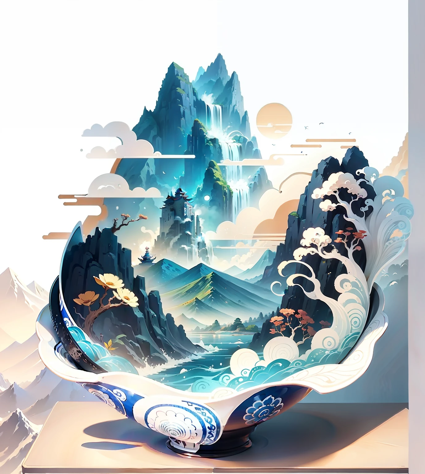 Guochao illustration style,The bowl contains mountains and seas