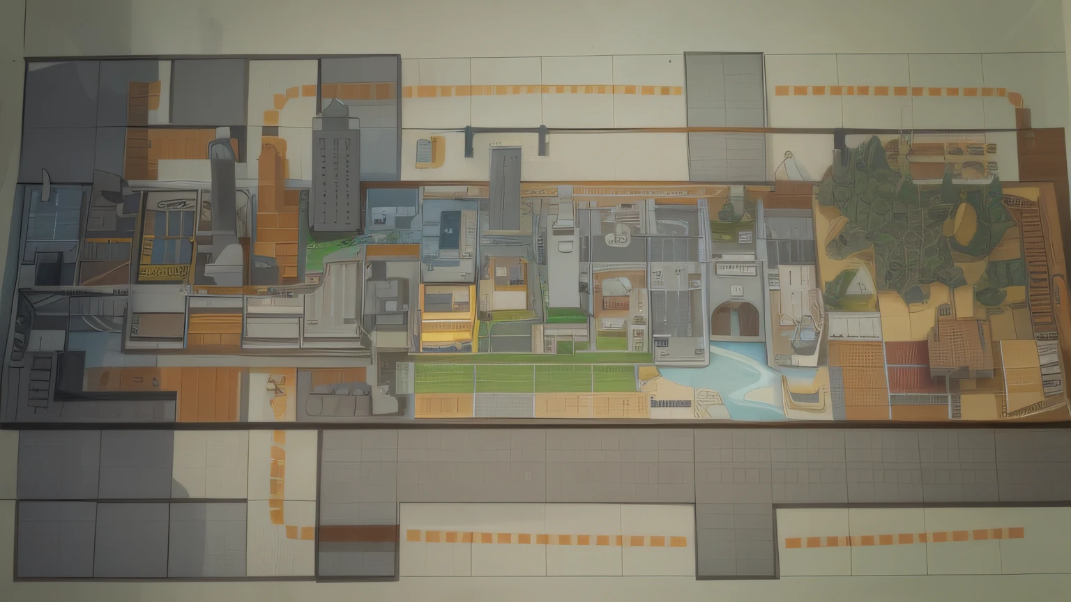 Lego，Small town along the coast，flat drawing，Review the layout and plan。