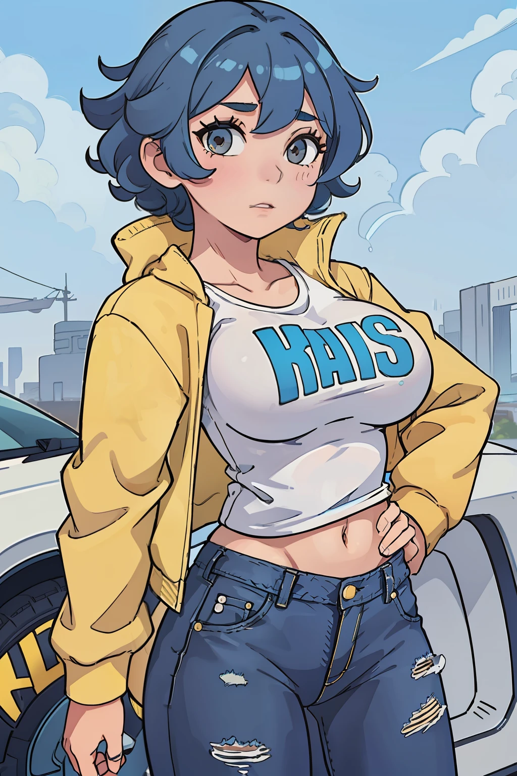 (1 girl), (solo), white t-shirt, yellow jacket, short blue hair, wavy blue hair, brown eyes, strong build, athletic body, big boobs, jeans, (high quality), (hd), (very detailed) ), curly hair, broad shoulders