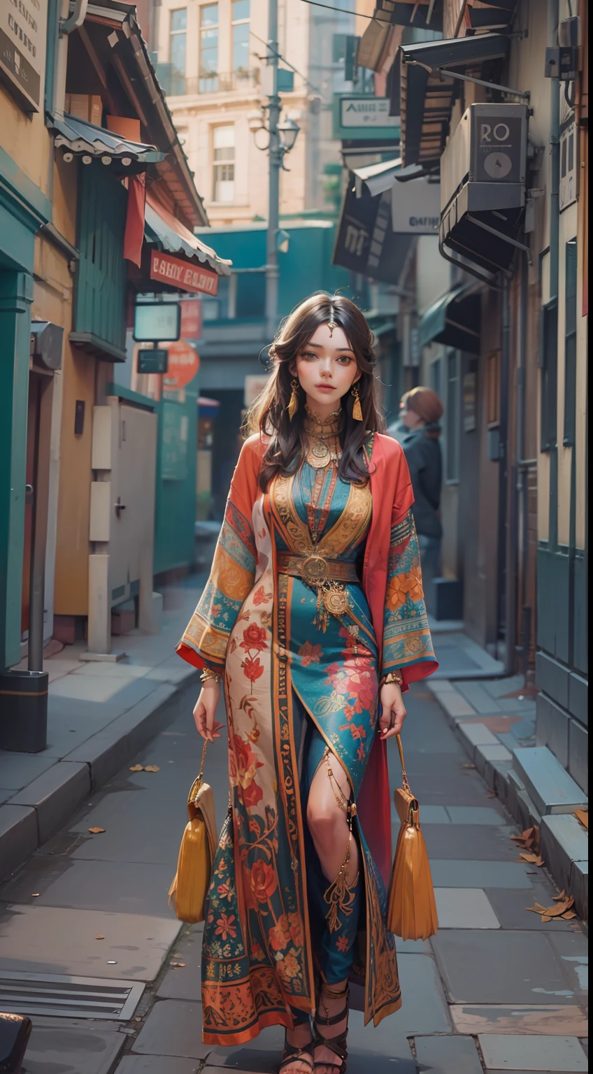 Beautiful woman in intricate Boho Urbanite Outfit