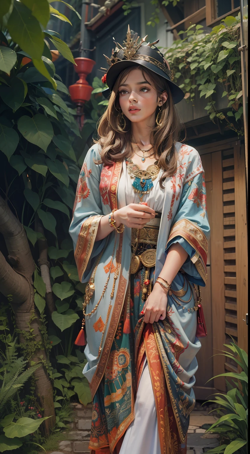 Beautiful woman in intricate Boho Urbanite Outfit