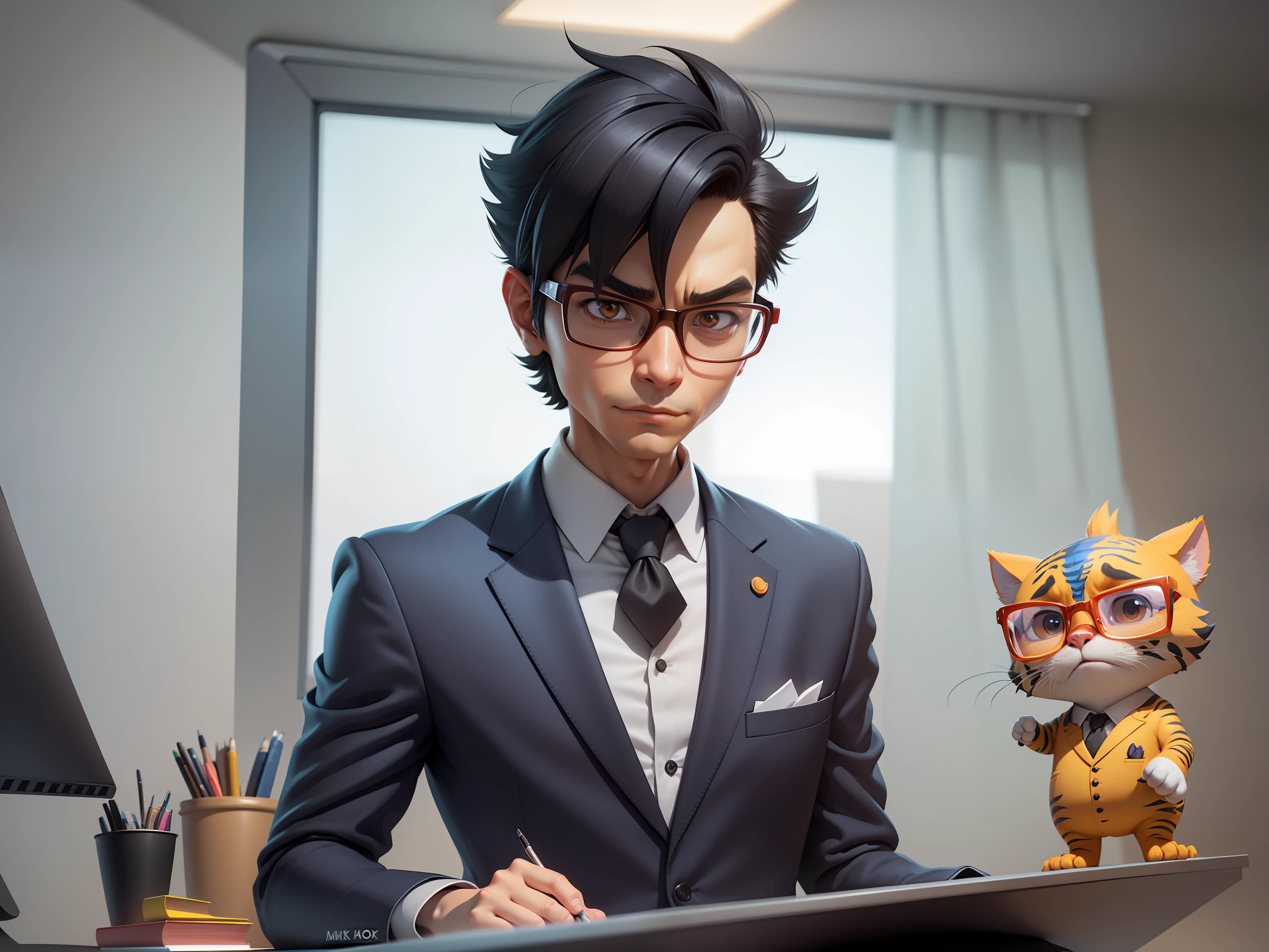 A young man in a suit and pants, Short hair and glasses sat at his desk,holding laptop,digitial painting,tigre,3D character design by Mark Clairen and Pixar and Hayao Miyazaki and Akira Toriyama,4K HD illustration,Very detailed facial features and cartoon-style visuals。
