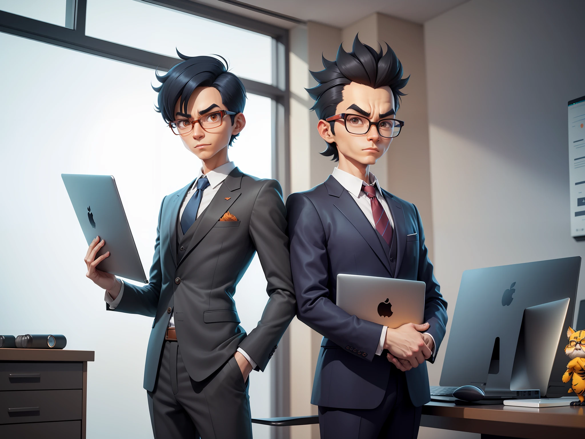 A young man in a suit and pants, Short hair and glasses sat at his desk，holding laptop，digitial painting，tigre，3D character design by Mark Clairen and Pixar and Hayao Miyazaki and Akira Toriyama，4K HD illustration，Very detailed facial features and cartoon-style visuals。