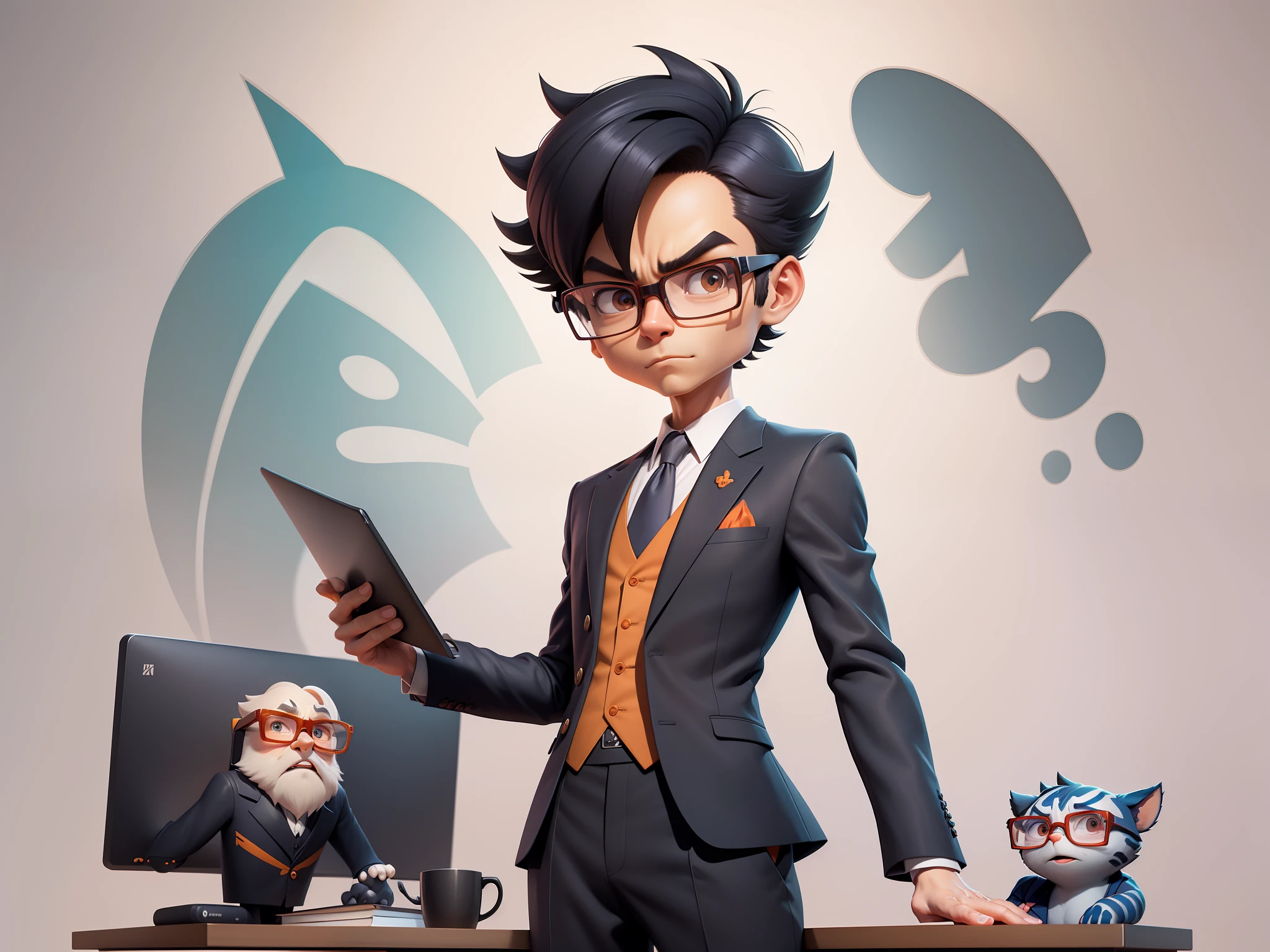 A young man in a suit and pants, Short hair and glasses sat at his desk，holding laptop，digitial painting，tigre，3D character design by Mark Clairen and Pixar and Hayao Miyazaki and Akira Toriyama，4K HD illustration，Very detailed facial features and cartoon-style visuals。