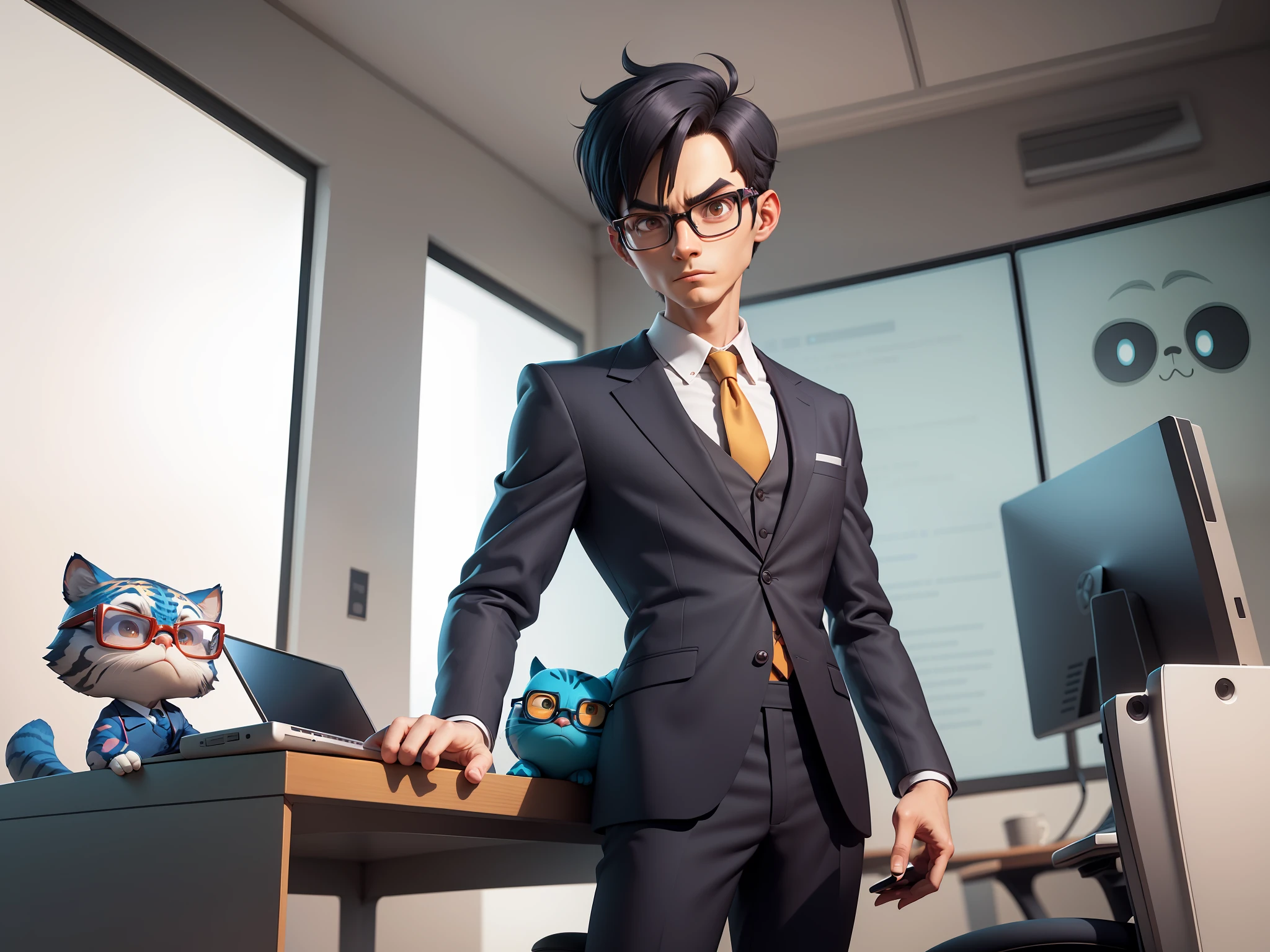 A young man in a suit and pants, Short hair and glasses sat at his desk,holding laptop,digitial painting,tigre,3D character design by Mark Clairen and Pixar and Hayao Miyazaki and Akira Toriyama,4K HD illustration,Very detailed facial features and cartoon-style visuals。