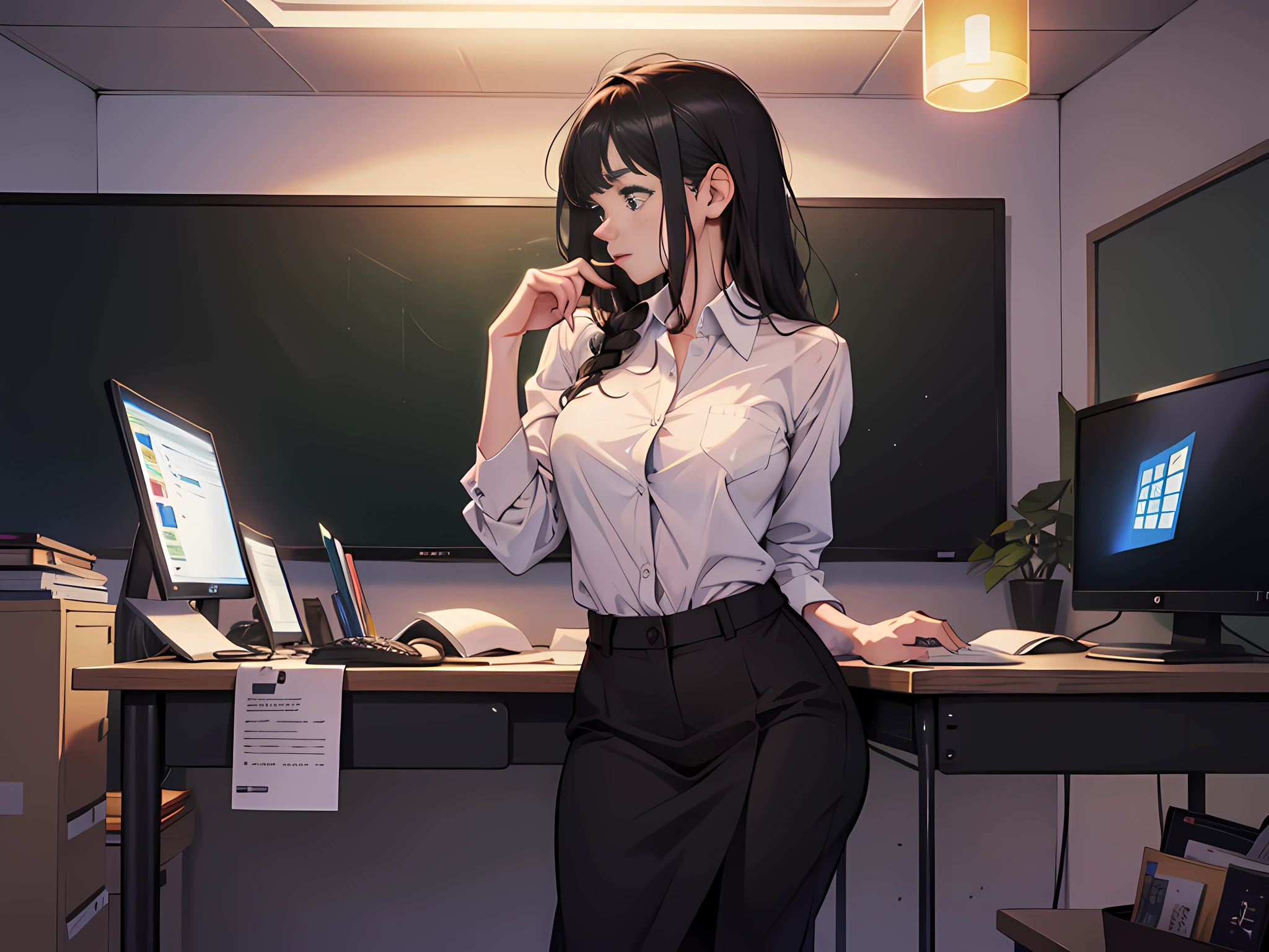 The teacher turns on the large computer screen in the classroom