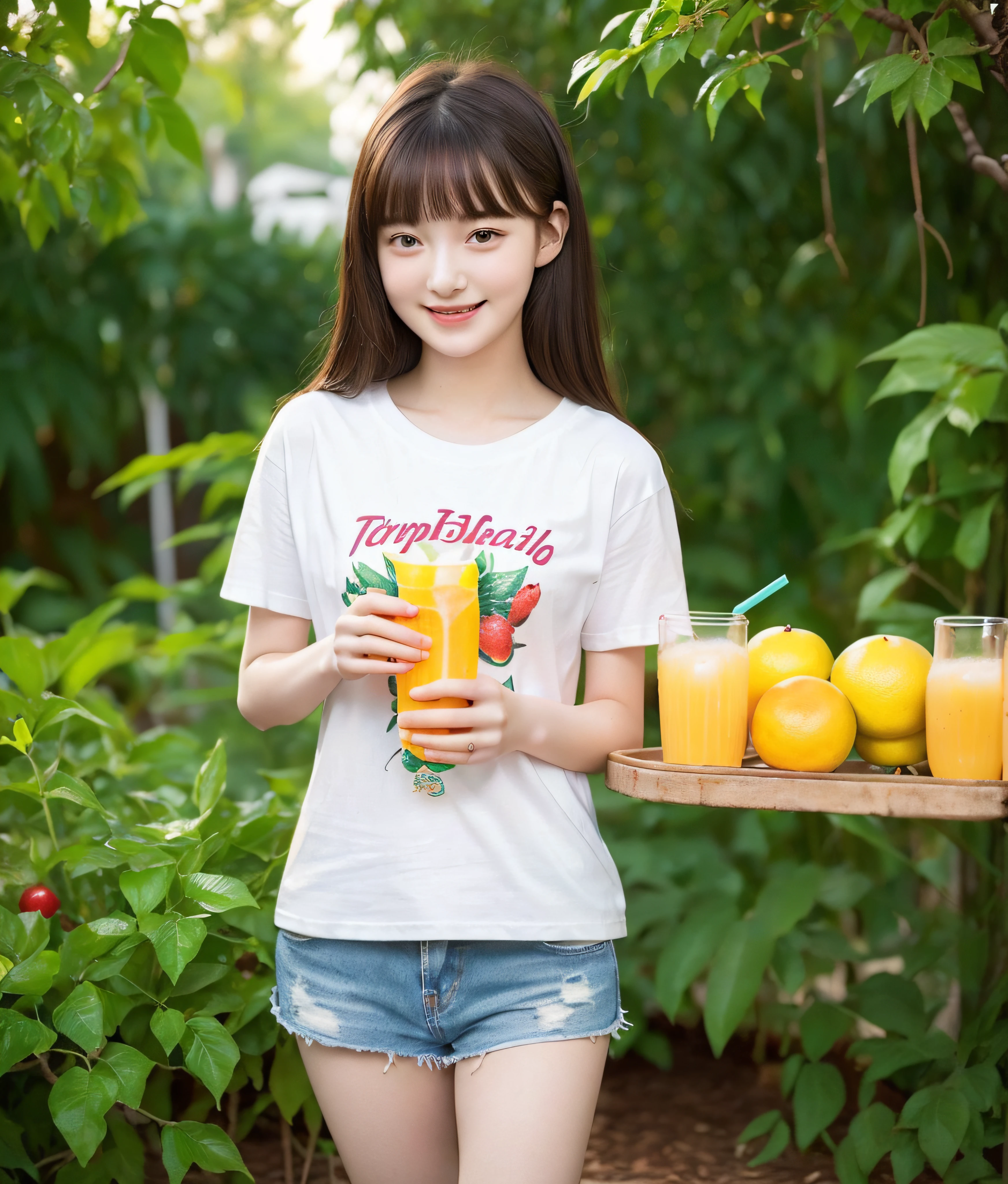 (Realistic:1.2), 18yo Girl, (((1 girl only))), garden park, (Happy expression, Standing: 1.2), hair ornaments, pale skin, looking at the viewer, small waist, medium breast size, (((use beautiful T-shirt)), (((drink the fruit juice product at a hand)))